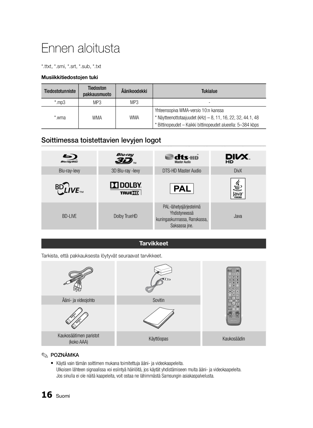 Samsung BD-D7000/XE manual Soittimessa toistettavien levyjen logot, Tarvikkeet, Musiikkitiedostojen tuki 