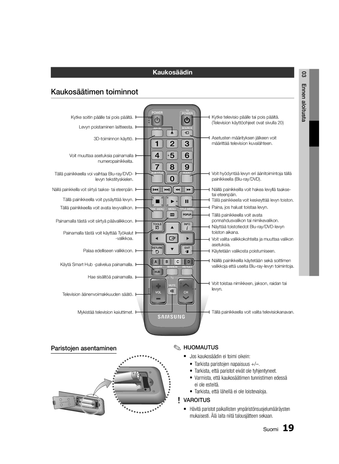 Samsung BD-D7000/XE manual Kaukosäätimen toiminnot, Kaukosäädin, Paristojen asentaminen, Varoitus 