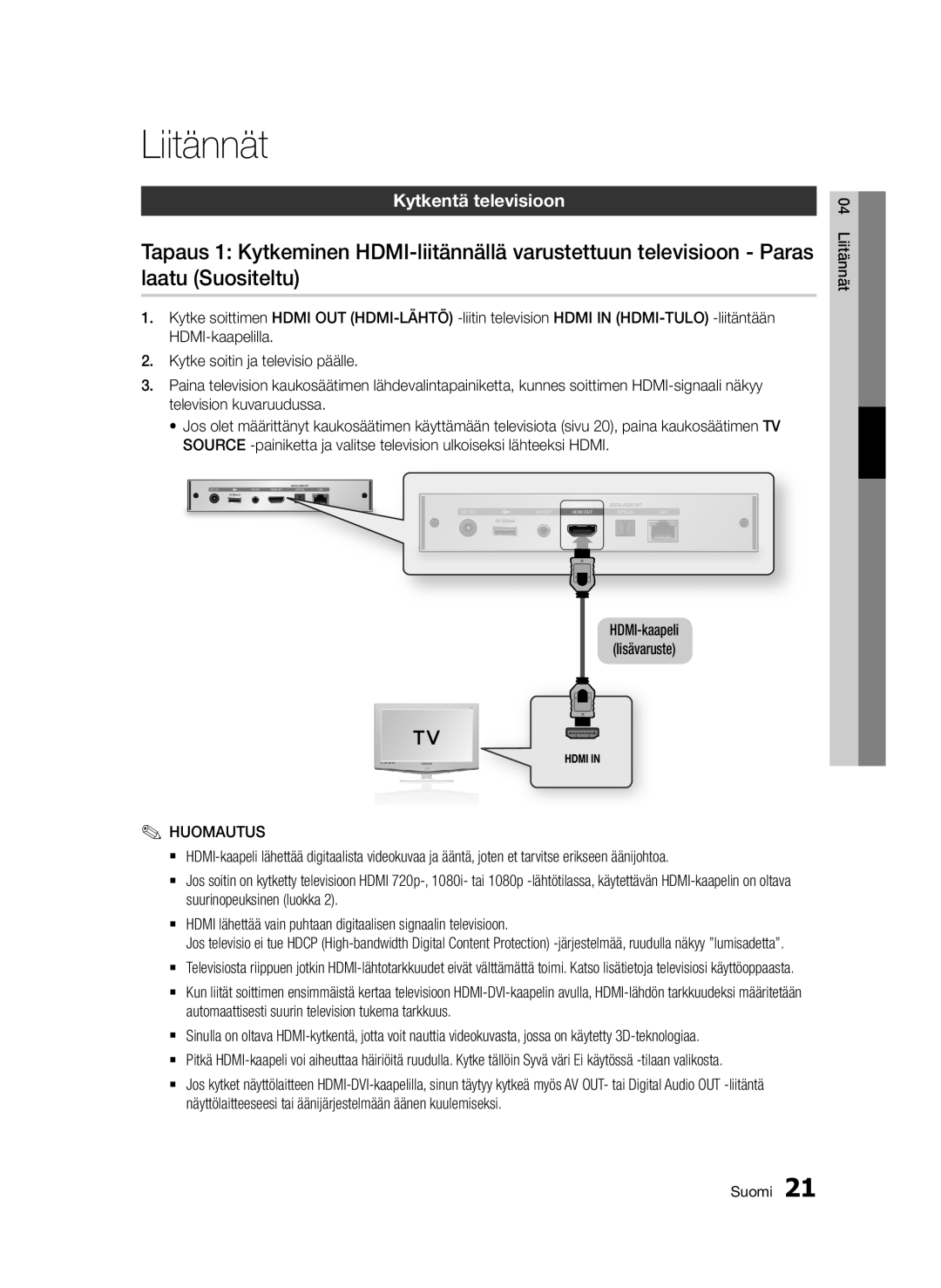 Samsung BD-D7000/XE manual Liitännät, Kytkentä televisioon 