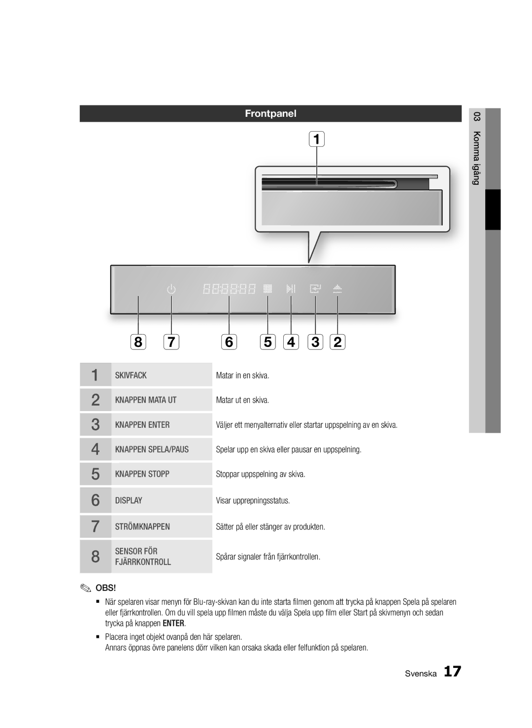 Samsung BD-D7000/XE manual C b, Frontpanel 