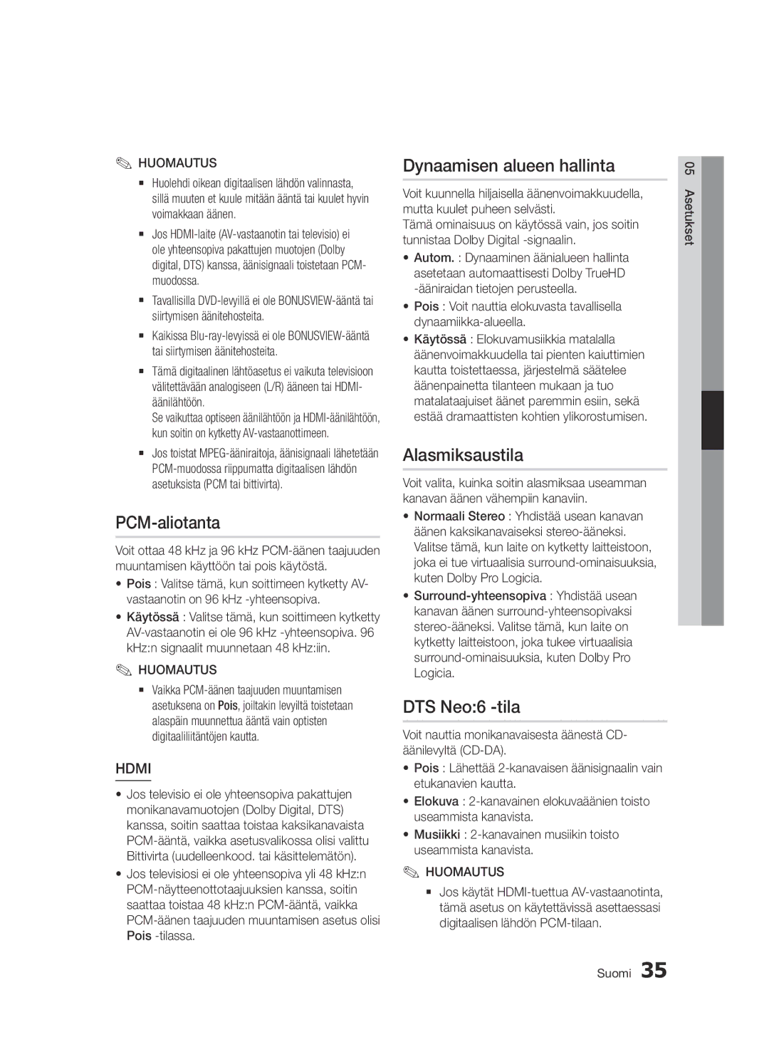 Samsung BD-D7000/XE manual PCM-aliotanta, Dynaamisen alueen hallinta, Alasmiksaustila, DTS Neo6 -tila 