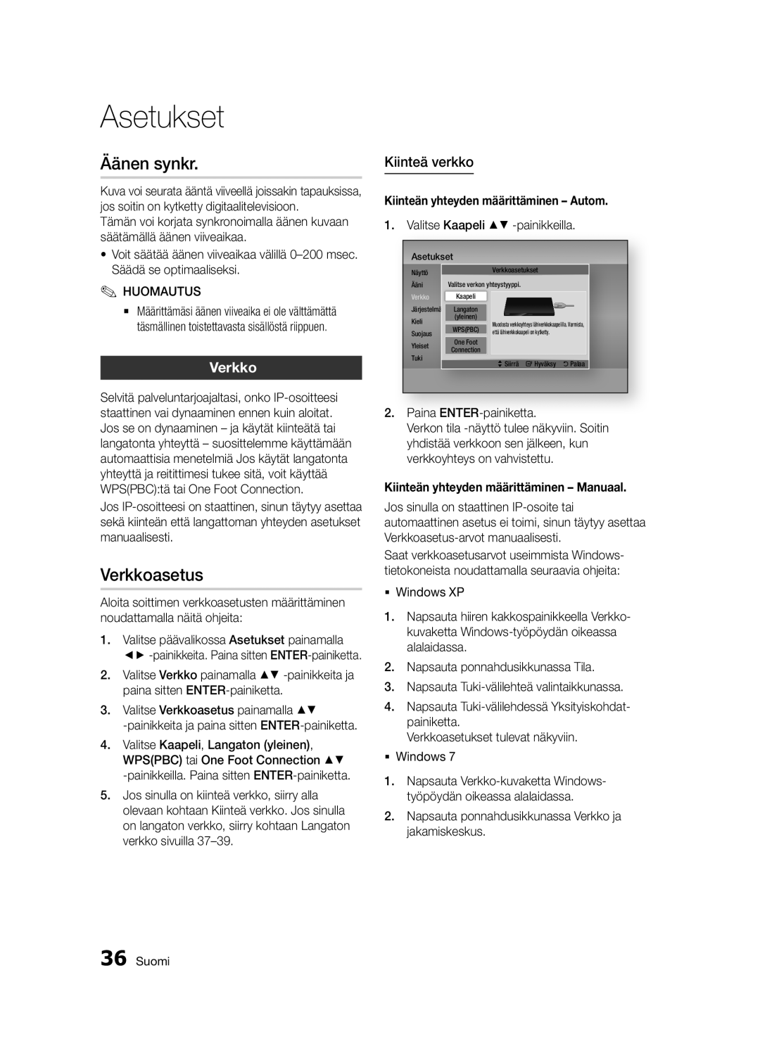 Samsung BD-D7000/XE manual Äänen synkr, Verkkoasetus, Kiinteä verkko 