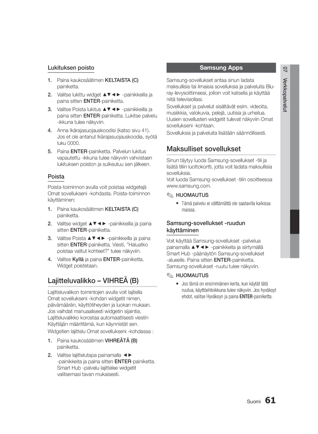 Samsung BD-D7000/XE manual Lajitteluvalikko Vihreä B, Maksulliset sovellukset, Lukituksen poisto, Poista 