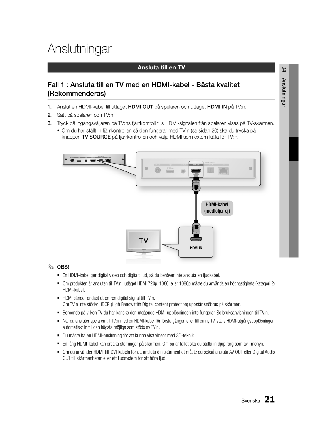 Samsung BD-D7000/XE manual Anslutningar, Ansluta till en TV 