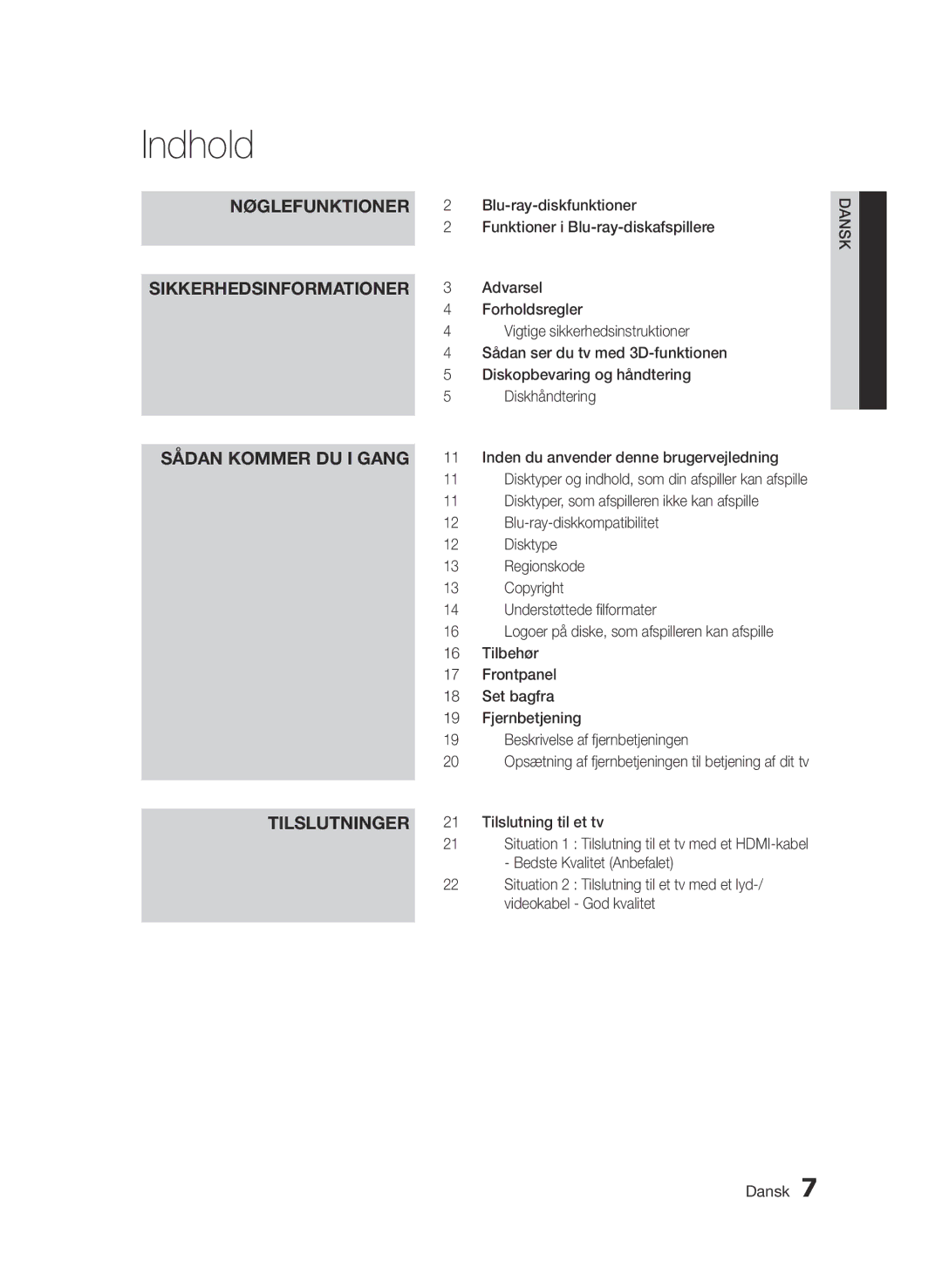 Samsung BD-D7000/XE manual Indhold 