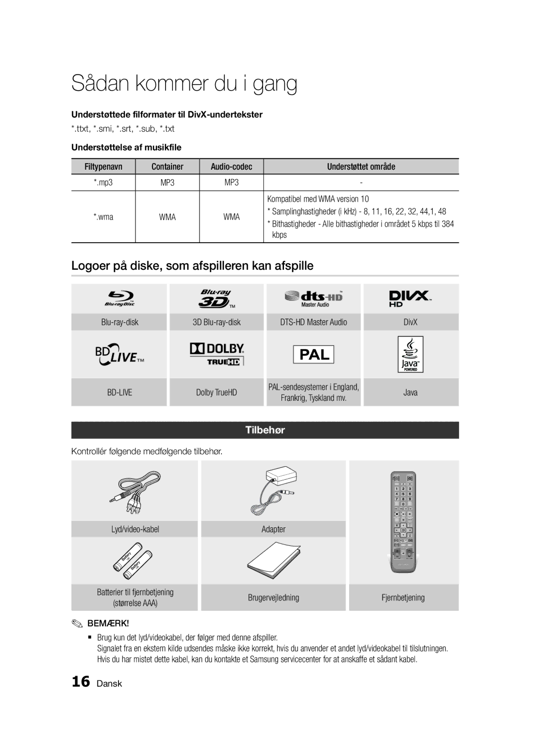 Samsung BD-D7000/XE manual Logoer på diske, som afspilleren kan afspille, Tilbehør, Understøttelse af musikfile 