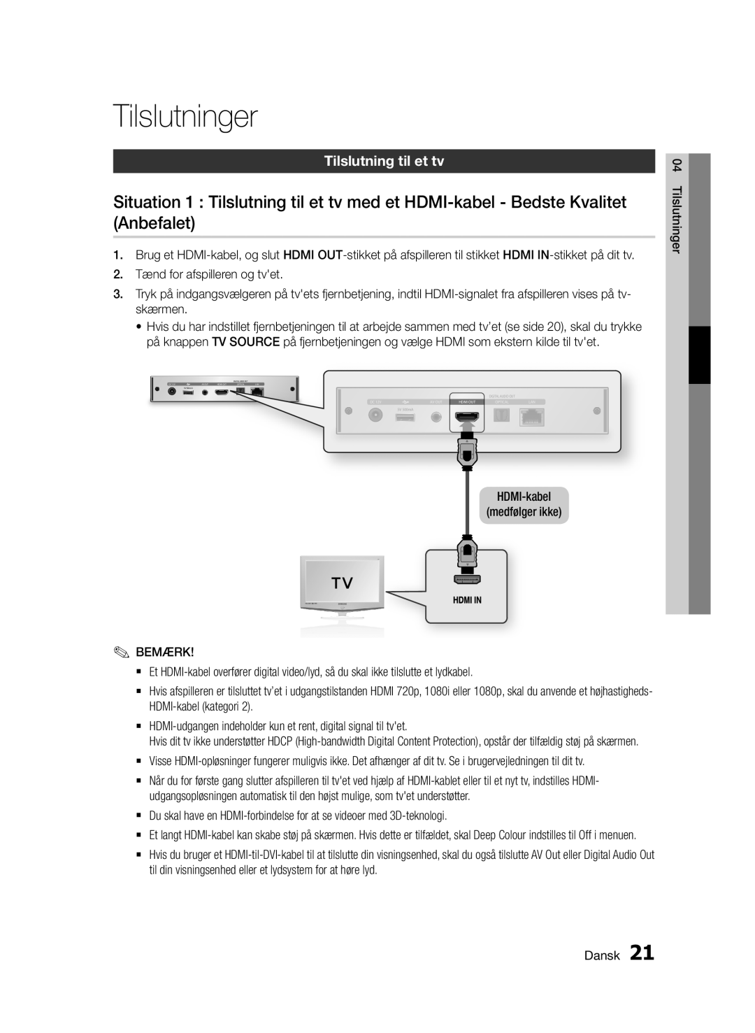 Samsung BD-D7000/XE manual Tilslutninger, Tilslutning til et tv, HDMI-kabel Medfølger ikke 