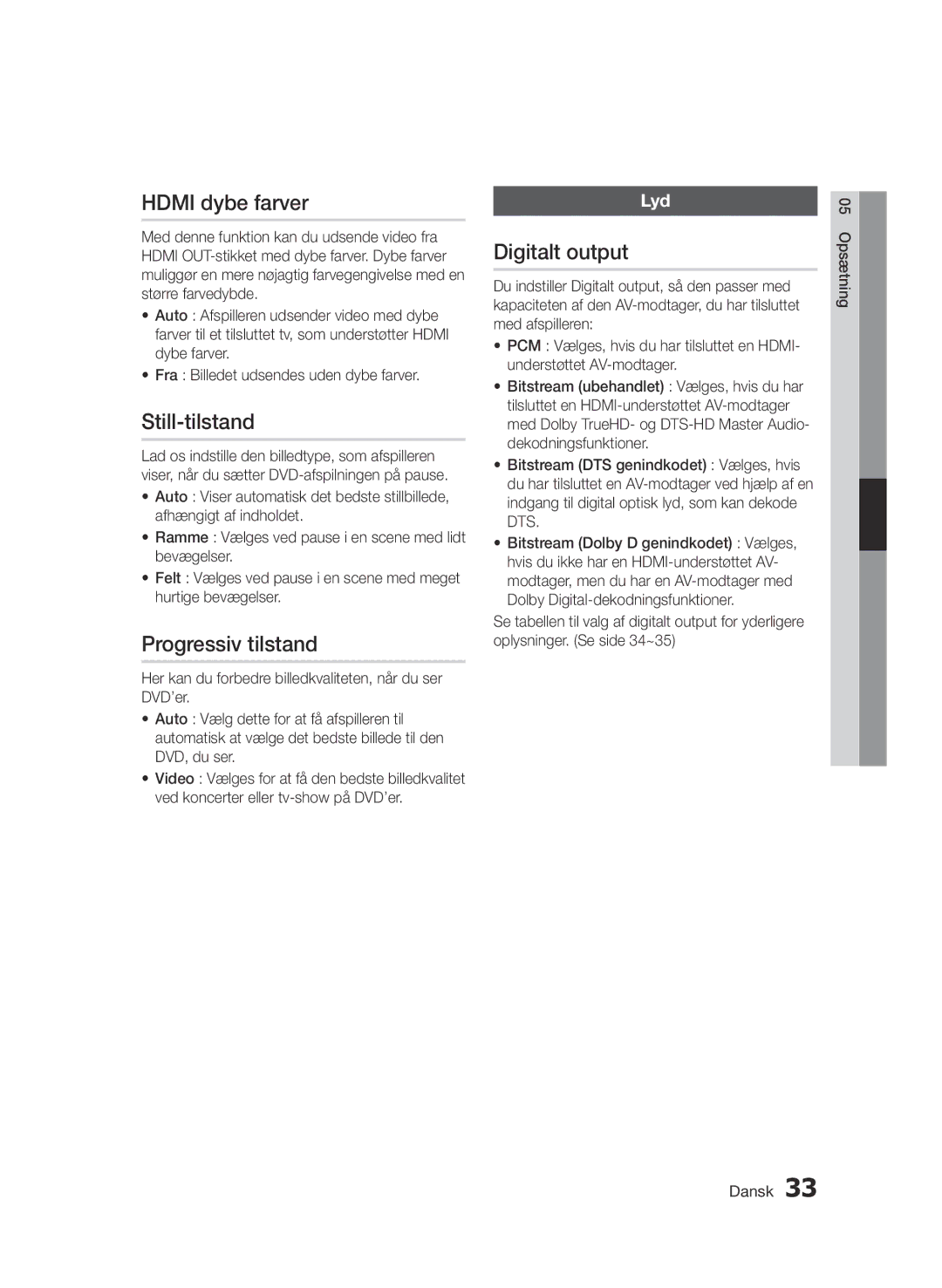 Samsung BD-D7000/XE manual Hdmi dybe farver, Still-tilstand, Progressiv tilstand, Digitalt output 