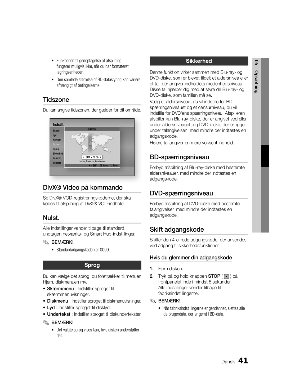 Samsung BD-D7000/XE Tidszone, DivX Video på kommando, Nulst, BD-spærringsniveau, DVD-spærringsniveau, Skift adgangskode 