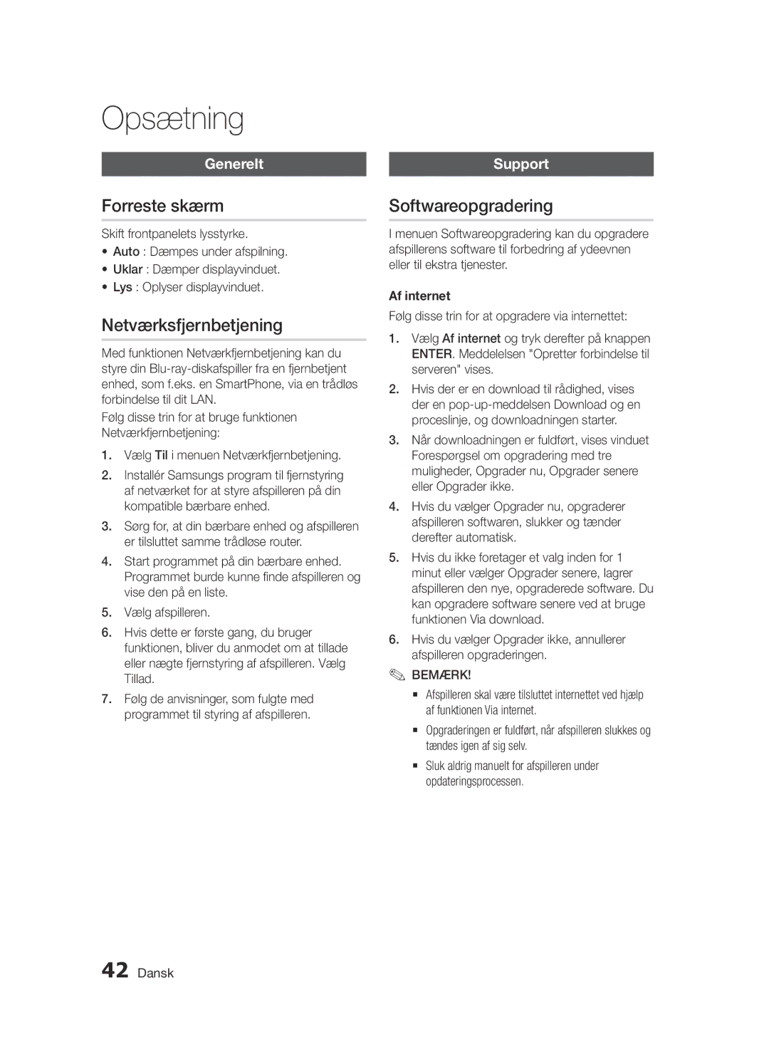 Samsung BD-D7000/XE manual Forreste skærm, Netværksfjernbetjening, Softwareopgradering, Support, Af internet 