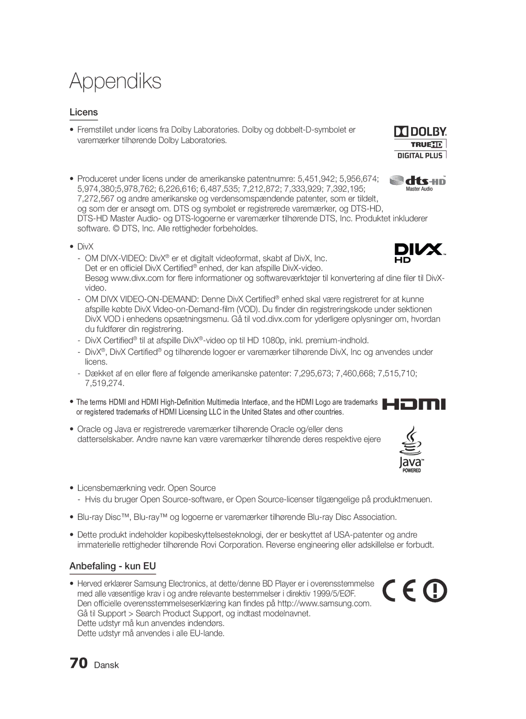 Samsung BD-D7000/XE manual Licens, Anbefaling kun EU 