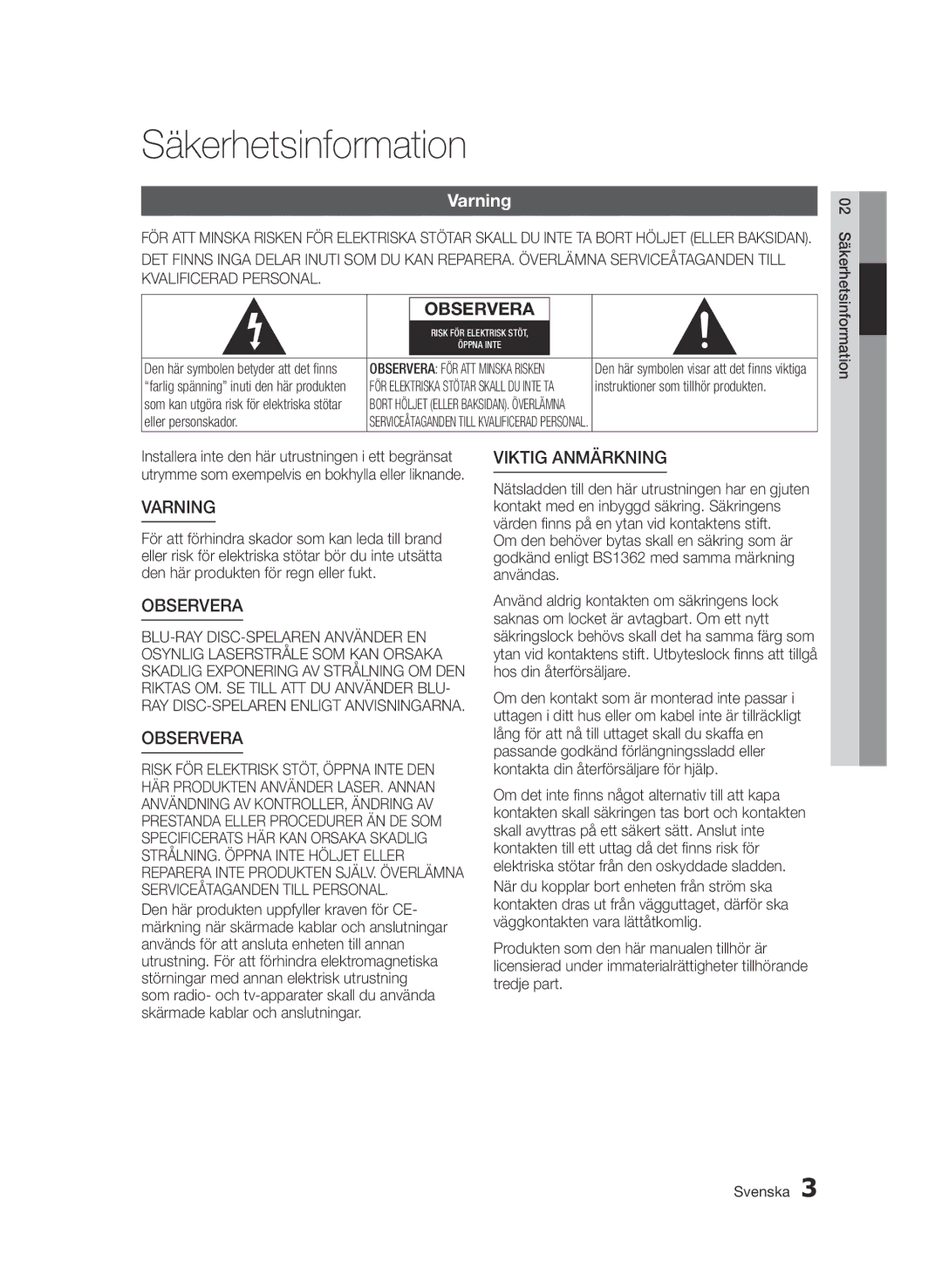 Samsung BD-D7000/XE manual Säkerhetsinformation, Varning, Instruktioner som tillhör produkten 