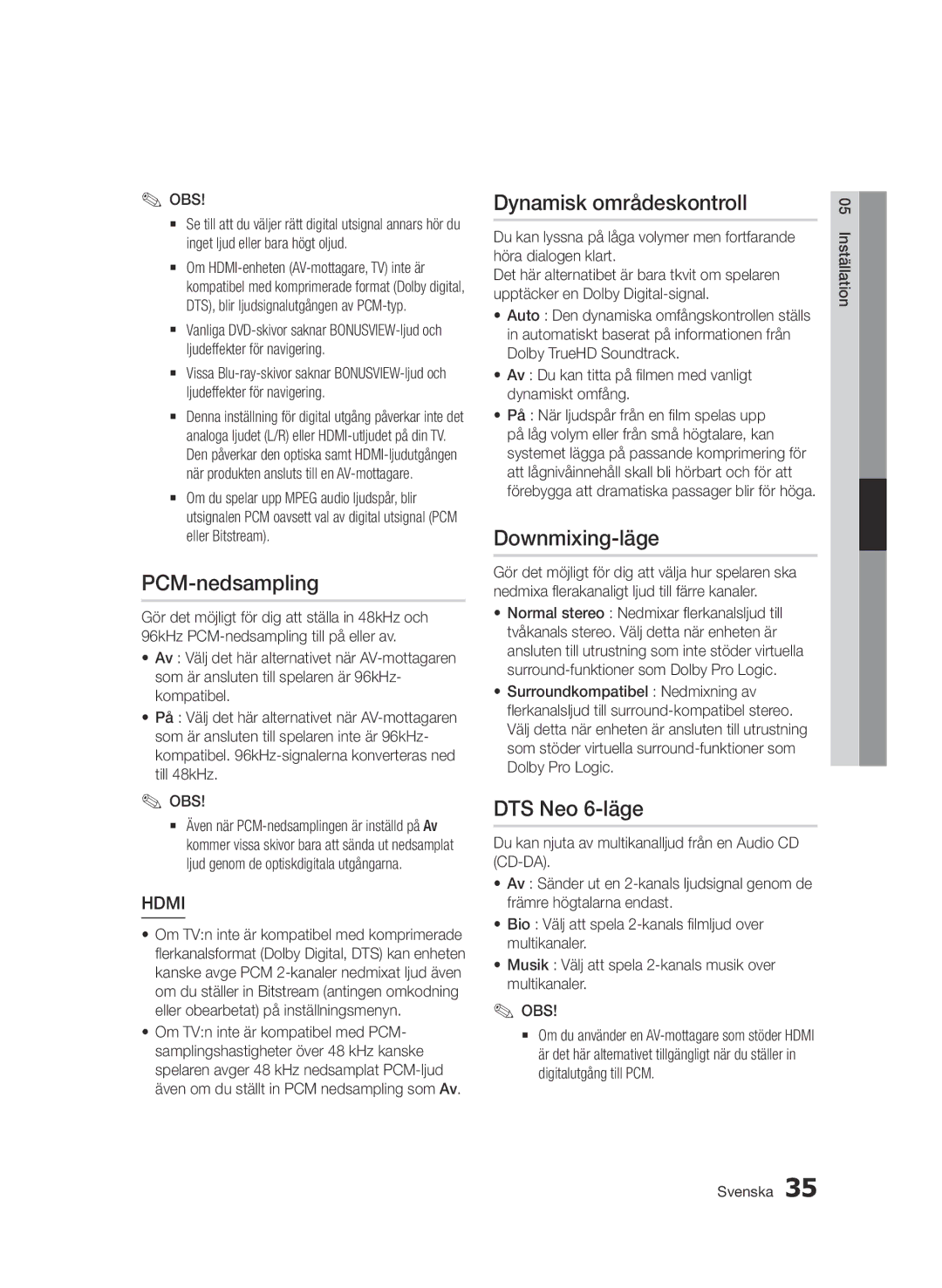 Samsung BD-D7000/XE manual PCM-nedsampling, Dynamisk områdeskontroll, Downmixing-läge, DTS Neo 6-läge 