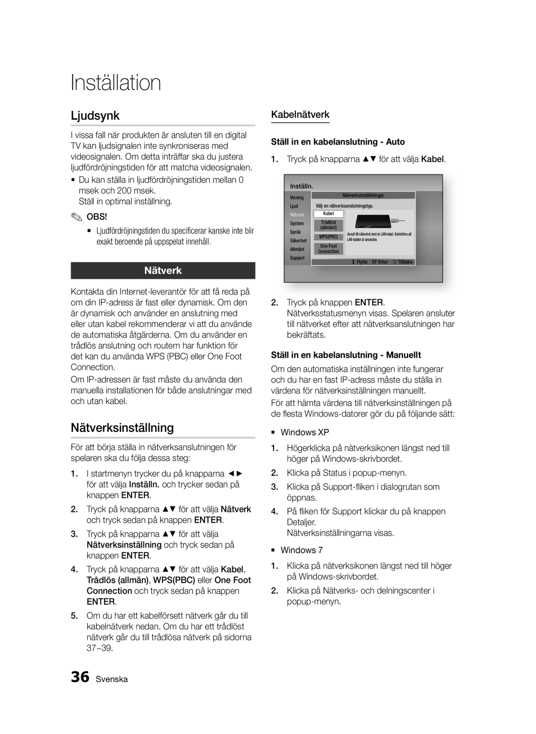 Samsung BD-D7000/XE manual Ljudsynk, Nätverksinställning, Kabelnätverk 