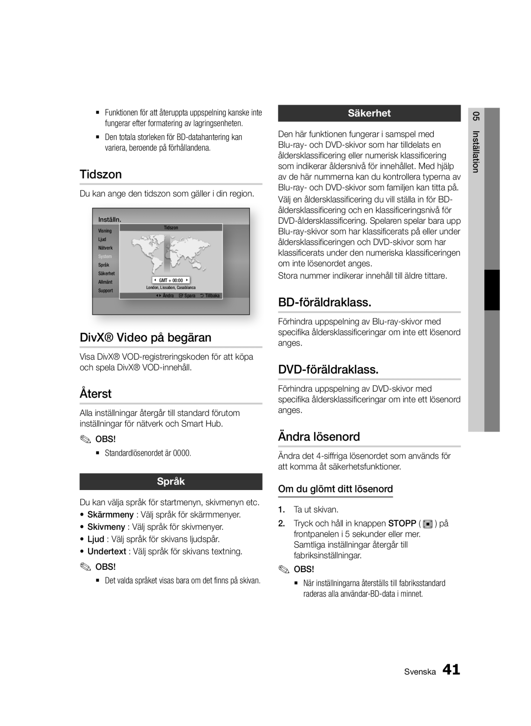 Samsung BD-D7000/XE manual Tidszon, DivX Video på begäran, Återst, BD-föräldraklass, DVD-föräldraklass, Ändra lösenord 