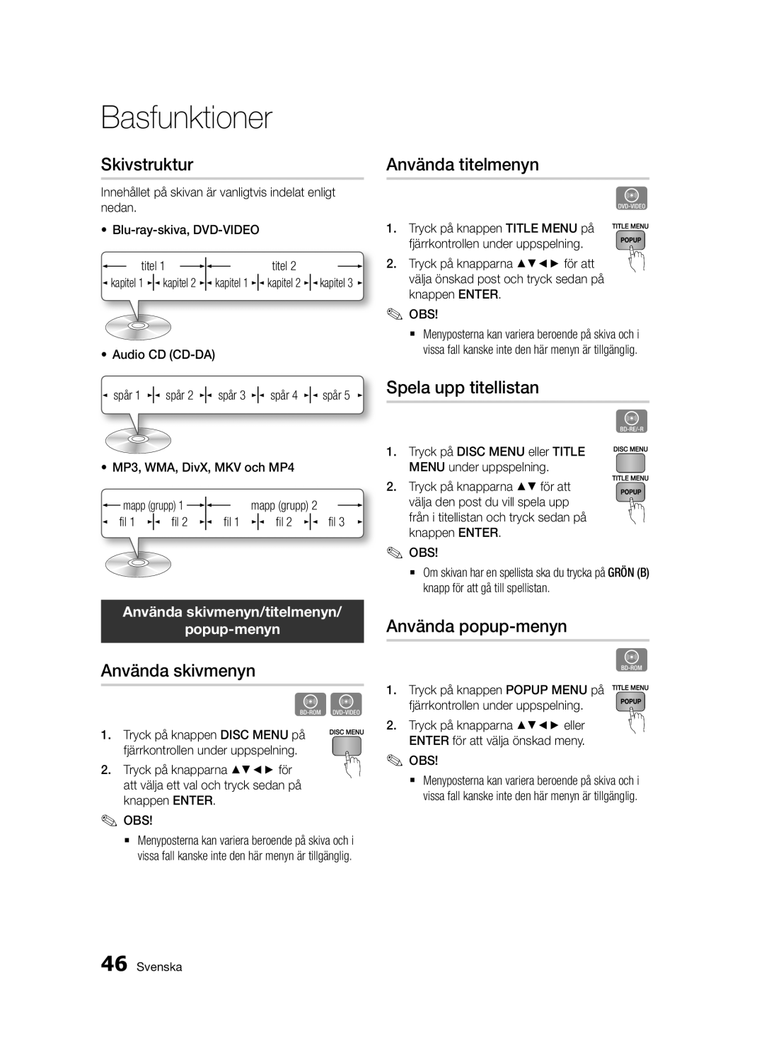 Samsung BD-D7000/XE manual Skivstruktur, Använda skivmenyn, Använda titelmenyn, Spela upp titellistan, Använda popup-menyn 