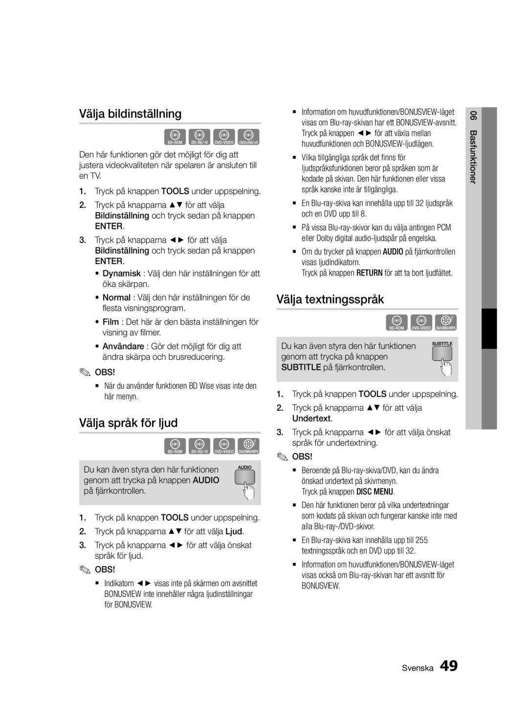 Samsung BD-D7000/XE manual Välja bildinställning, Välja språk för ljud, Välja textningsspråk, Tryck på knappen Disc Menu 