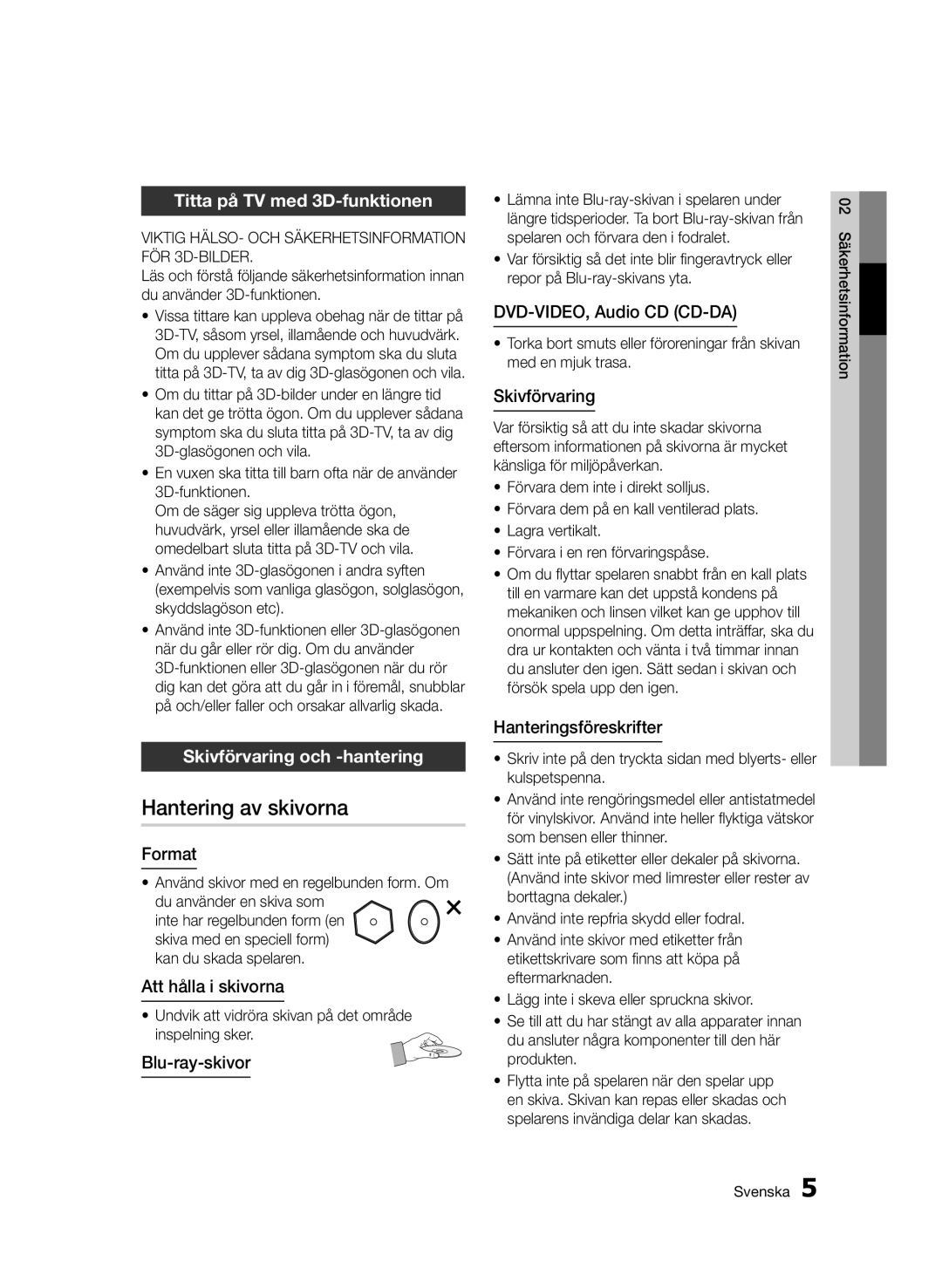 Samsung BD-D7000/XE manual Hantering av skivorna, Titta på TV med 3D-funktionen, Skivförvaring och -hantering 