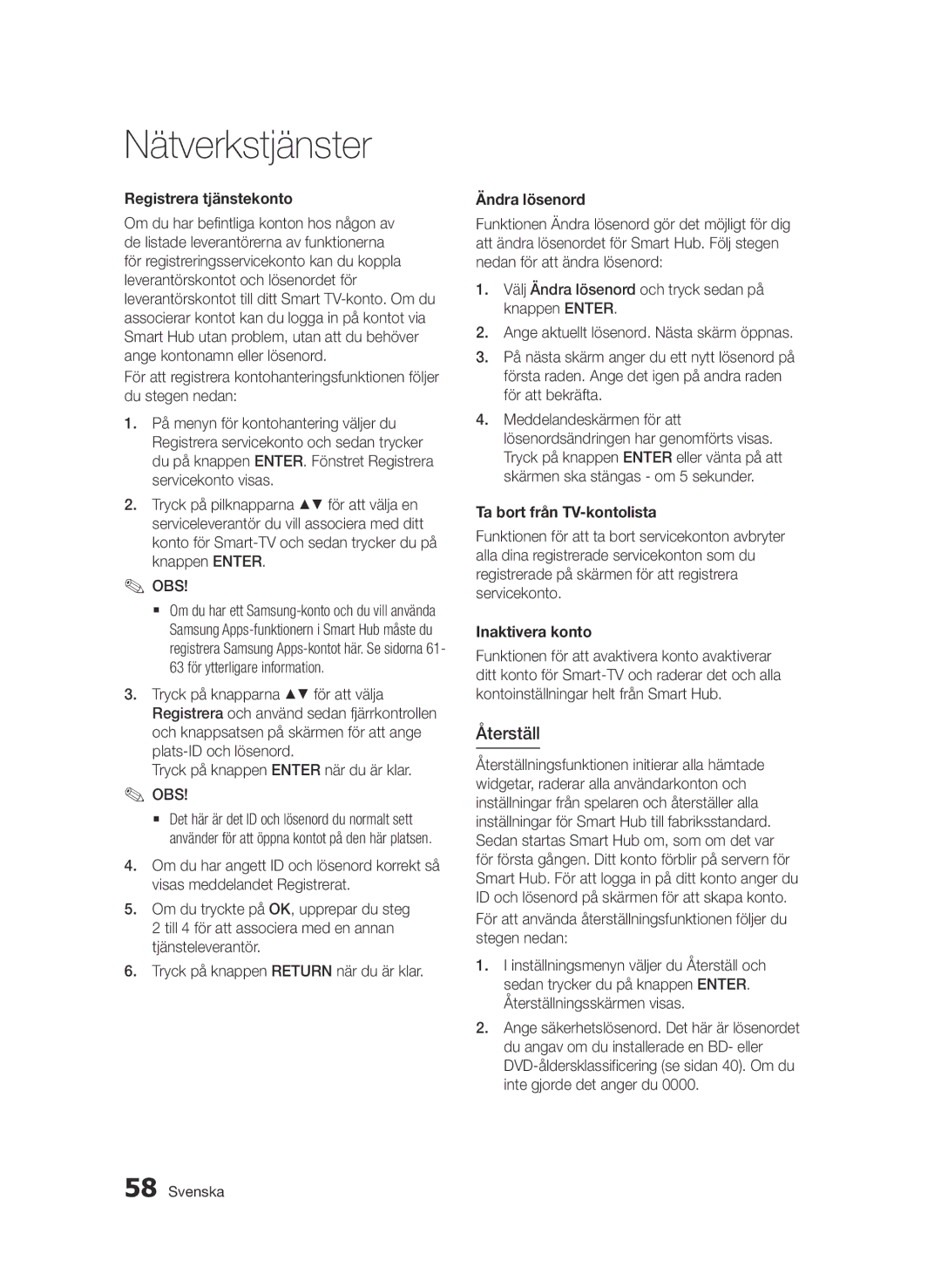 Samsung BD-D7000/XE manual Återställ, Registrera tjänstekonto, Ändra lösenord, Ta bort från TV-kontolista, Inaktivera konto 