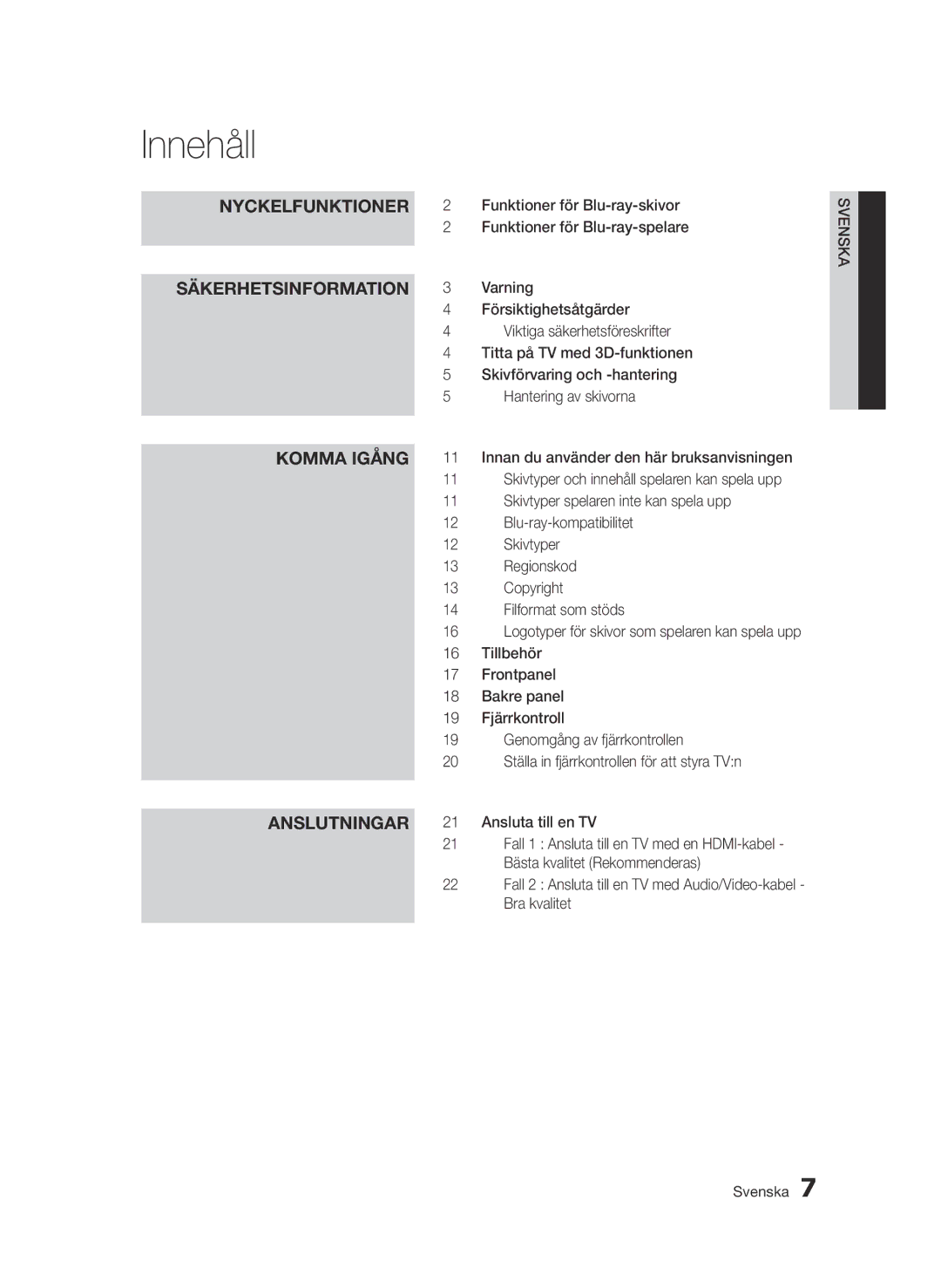 Samsung BD-D7000/XE manual Innehåll 