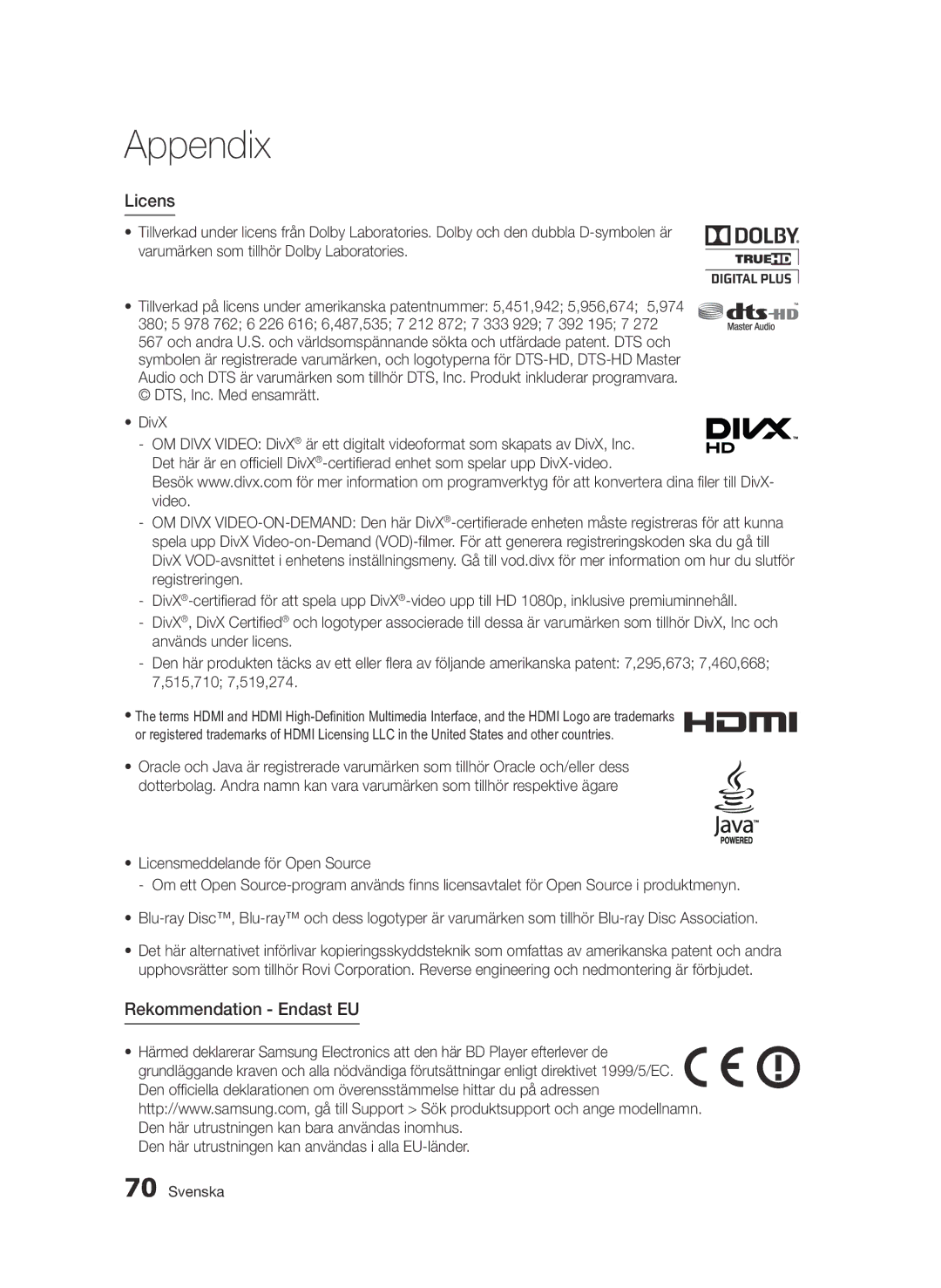 Samsung BD-D7000/XE manual Licens, Rekommendation Endast EU, Den här utrustningen kan användas i alla EU-länder 