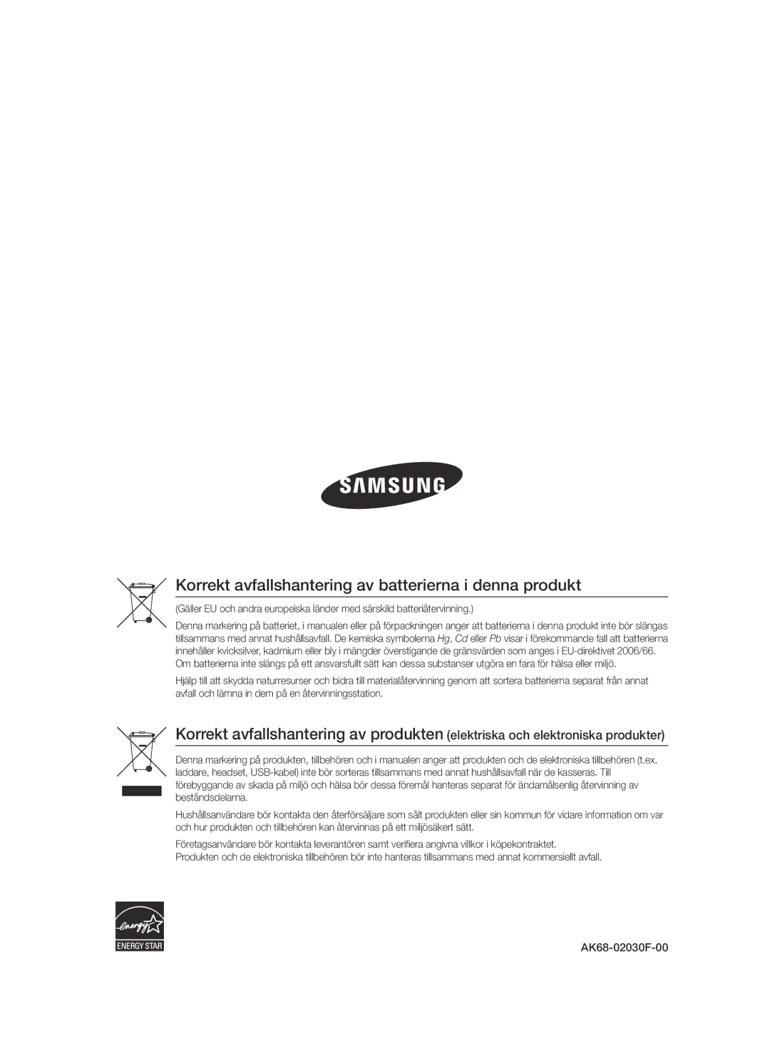 Samsung BD-D7000/XE manual Korrekt avfallshantering av batterierna i denna produkt, AK68-02030F-00 