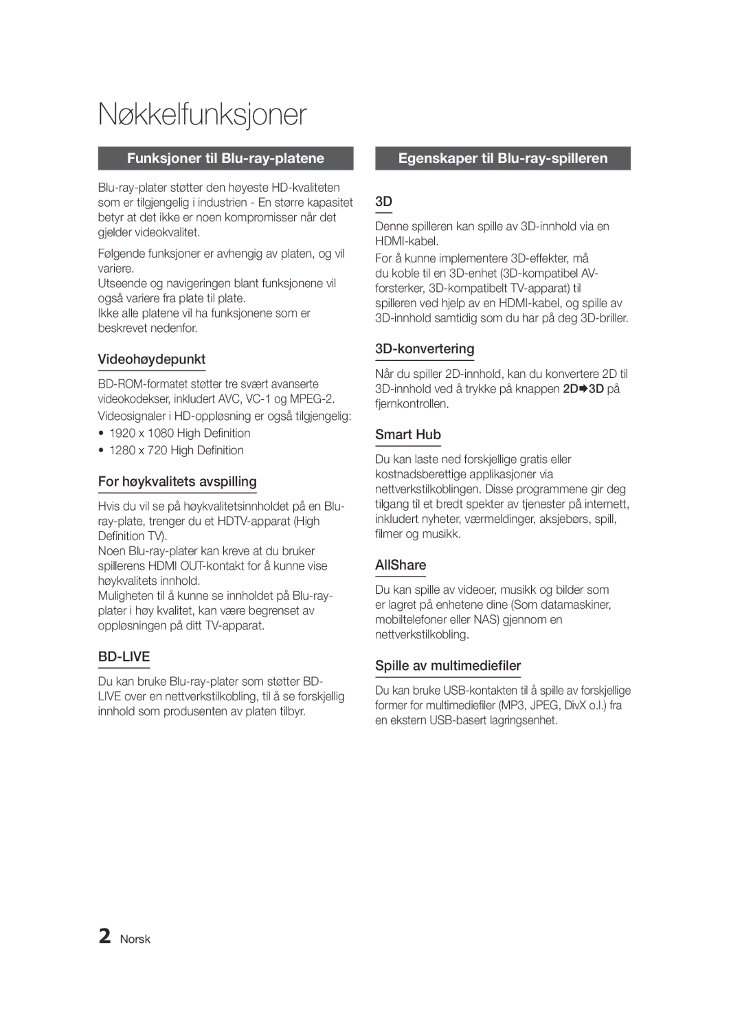 Samsung BD-D7000/XE manual Nøkkelfunksjoner, Funksjoner til Blu-ray-platene, Egenskaper til Blu-ray-spilleren 