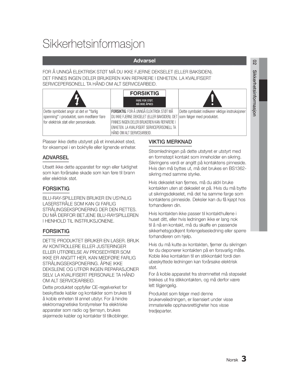 Samsung BD-D7000/XE manual Sikkerhetsinformasjon 