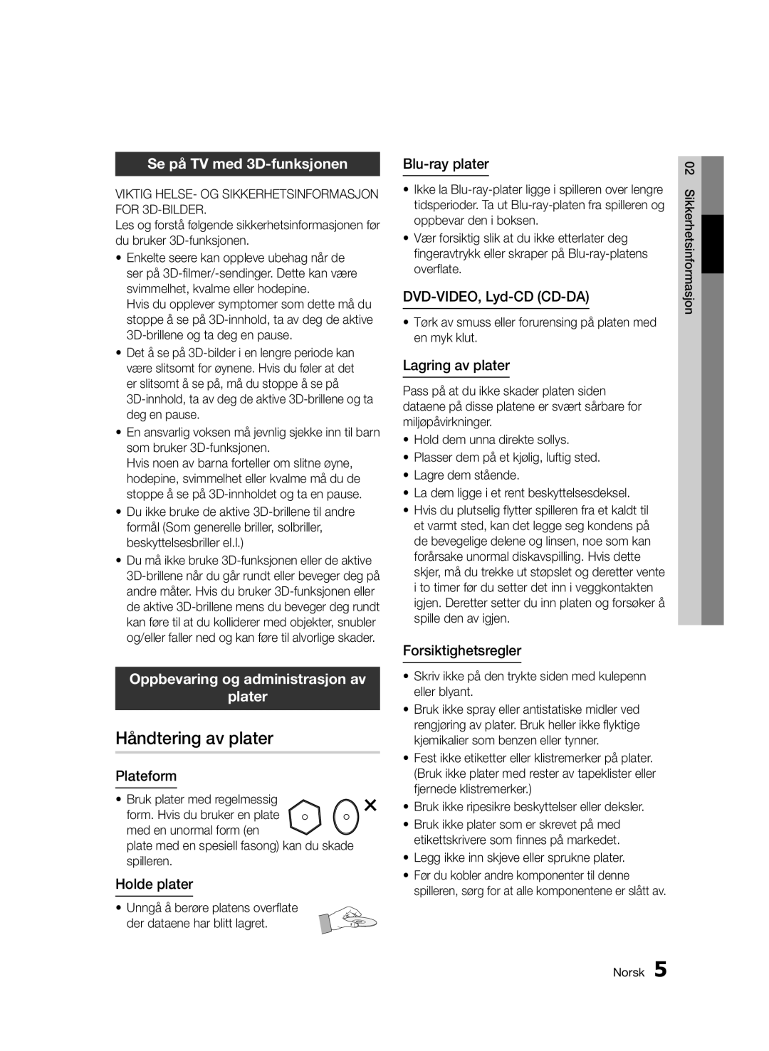 Samsung BD-D7000/XE manual Håndtering av plater, Se på TV med 3D-funksjonen, Oppbevaring og administrasjon av Plater 