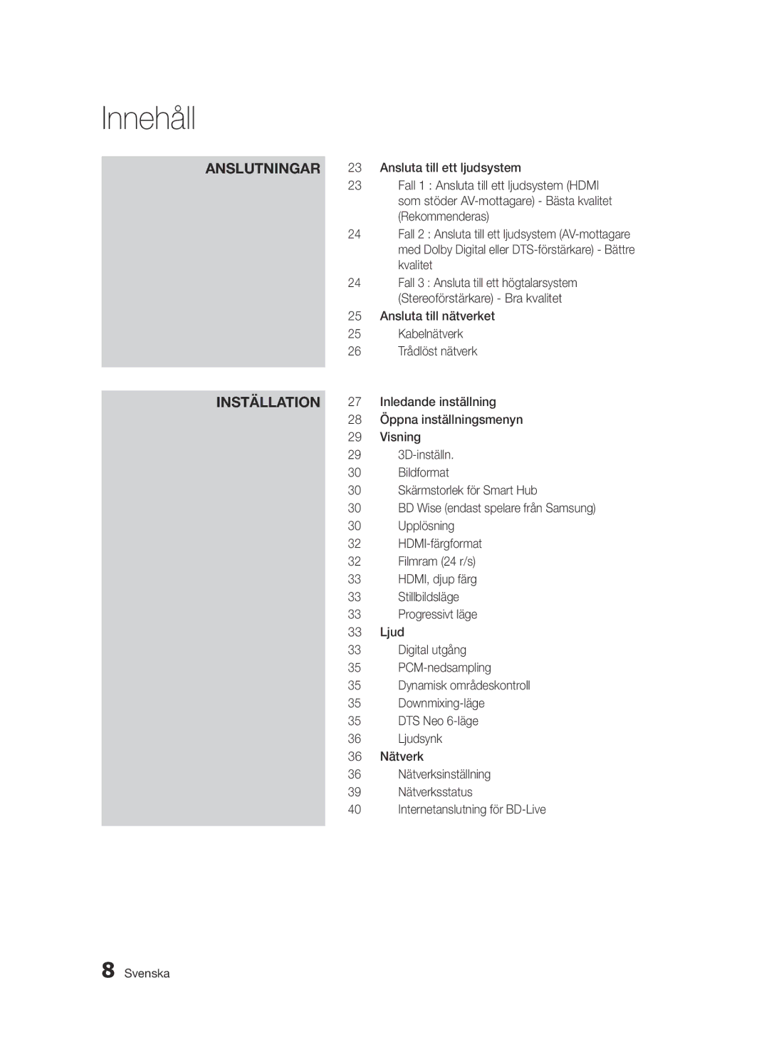 Samsung BD-D7000/XE Öppna inställningsmenyn, Visning, 3D-inställn, Bildformat, Skärmstorlek för Smart Hub, Upplösning 