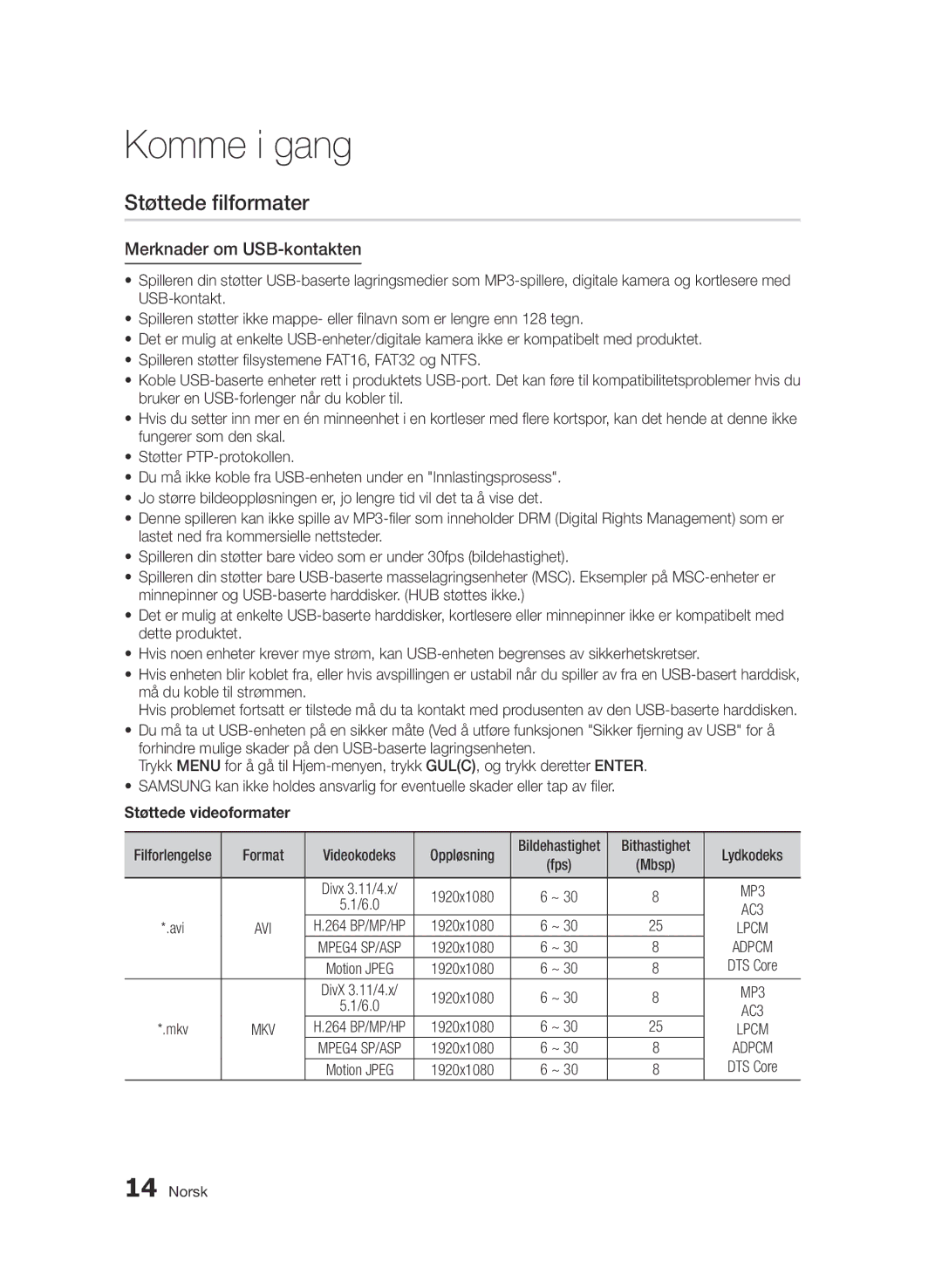 Samsung BD-D7000/XE manual Støttede filformater, Merknader om USB-kontakten, Støttede videoformater 