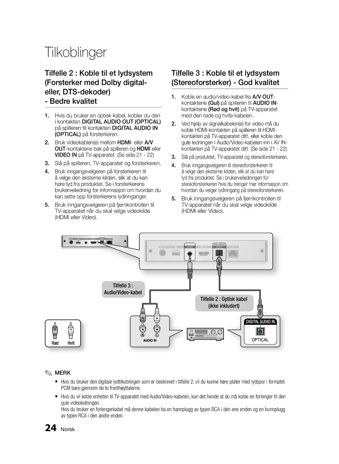 Samsung BD-D7000/XE manual Slå på produktet, TV-apparatet og stereoforsterkeren, Tilfelle Audio/Video-kabel, Rød Hvit 