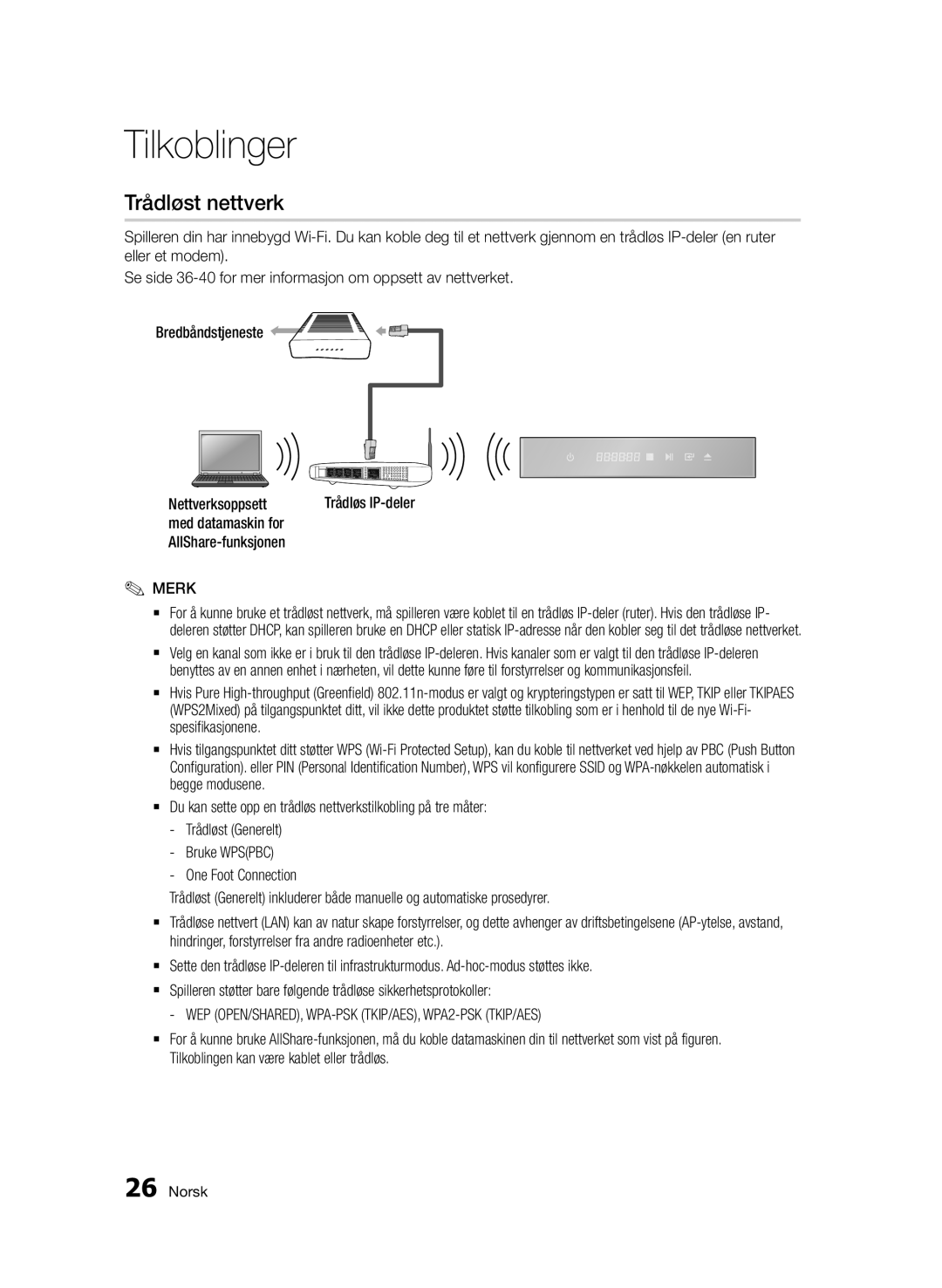 Samsung BD-D7000/XE manual Trådløst nettverk, Spesifikasjonene 