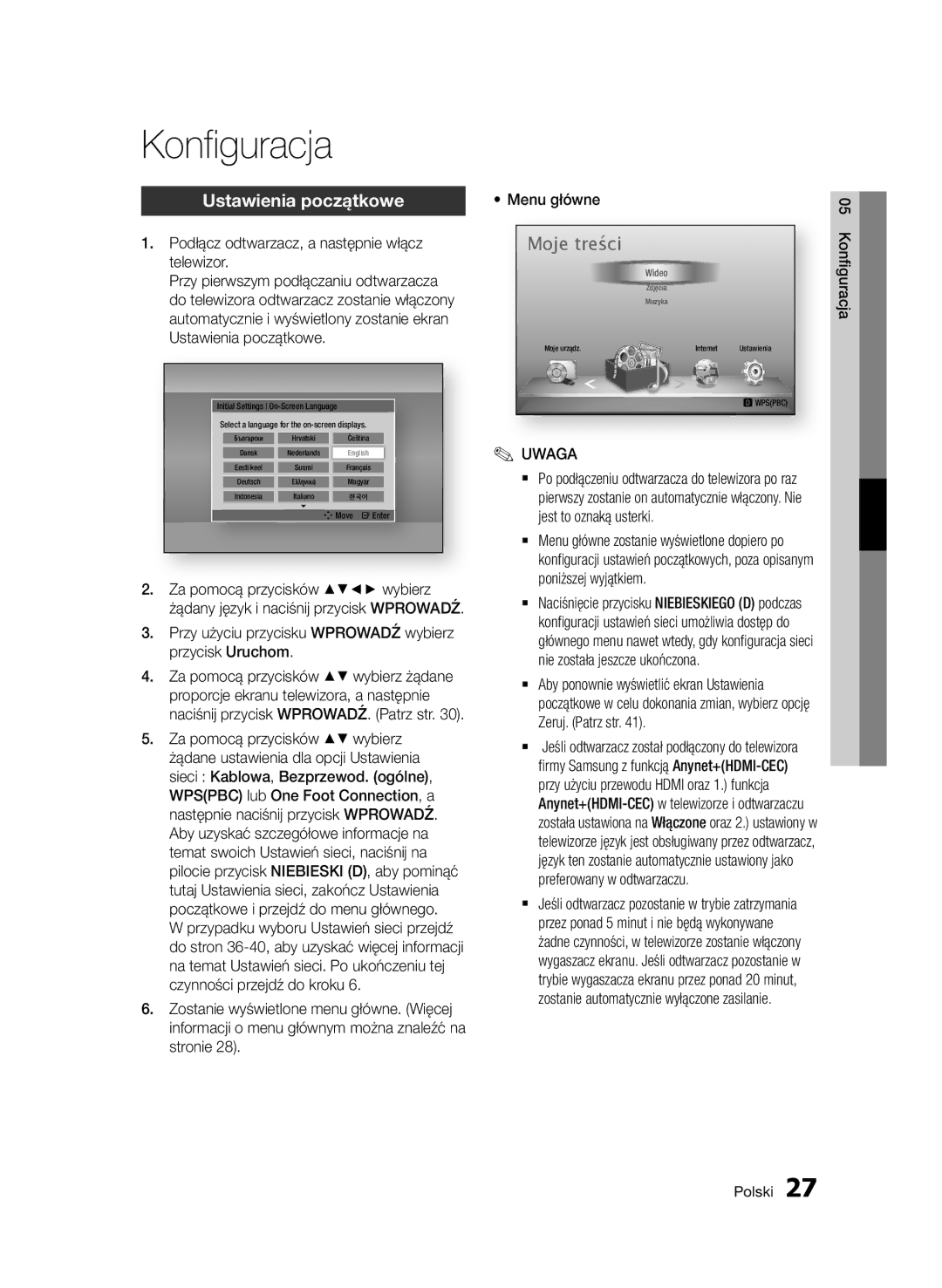 Samsung BD-D7000/XN, BD-D7000/EN, BD-D7000/ZF, BD-D7000/XE manual Konfiguracja, Ustawienia początkowe 