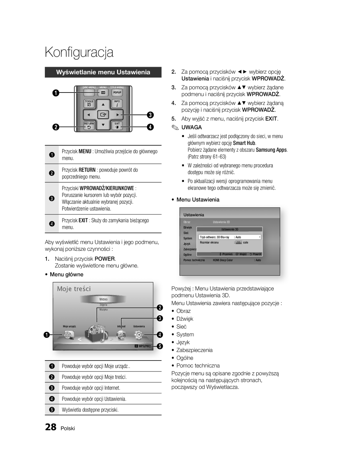 Samsung BD-D7000/EN manual Wyświetlanie menu Ustawienia, Menu, Poprzedniego menu, Aby wyjść z menu, naciśnij przycisk Exit 