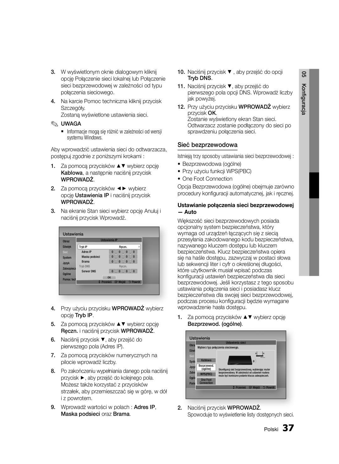 Samsung BD-D7000/ZF, BD-D7000/XN, BD-D7000/EN, BD-D7000/XE manual Sieć bezprzewodowa, Auto 