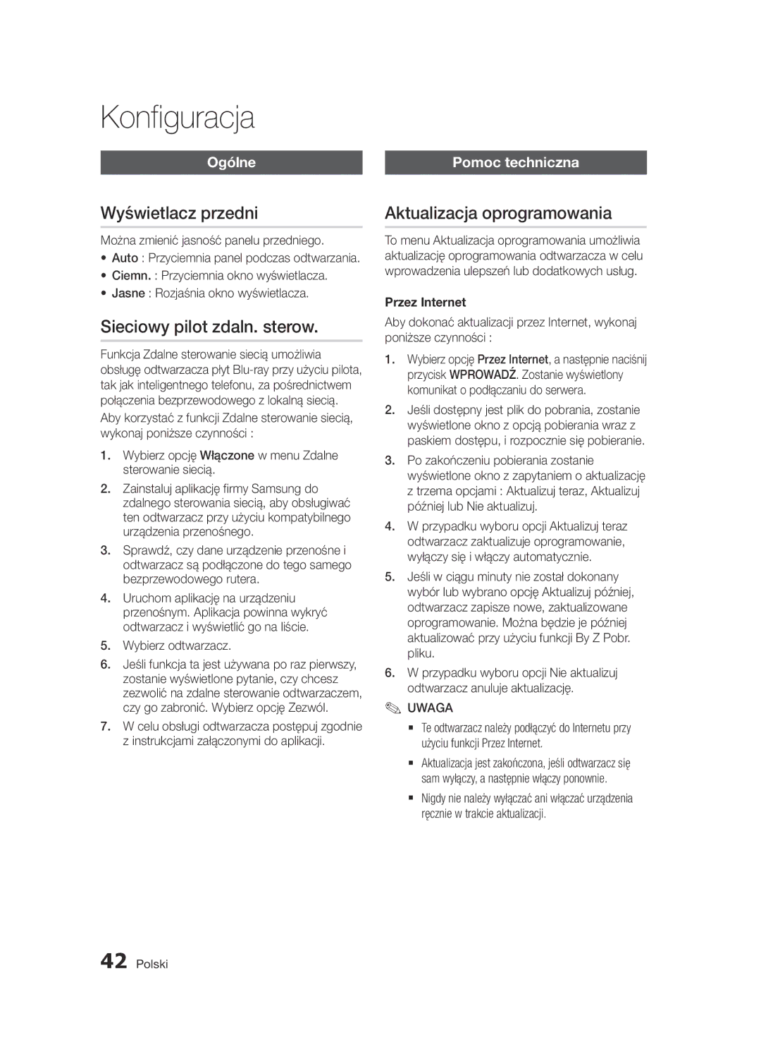 Samsung BD-D7000/XE manual Wyświetlacz przedni, Sieciowy pilot zdaln. sterow, Aktualizacja oprogramowania, Przez Internet 