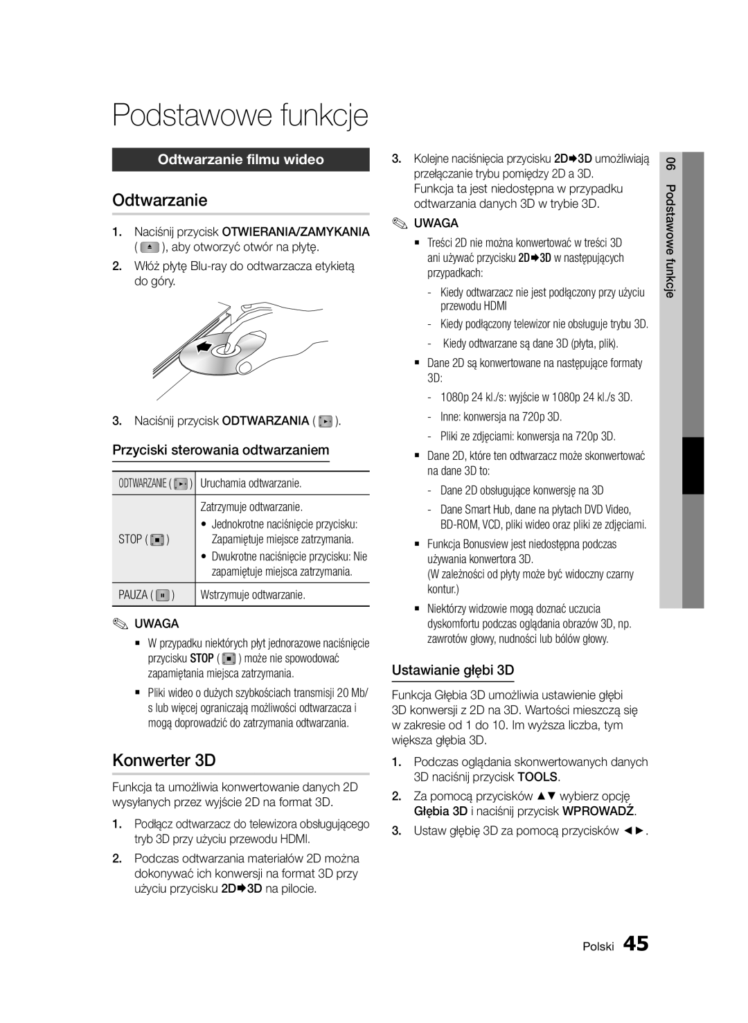 Samsung BD-D7000/ZF Konwerter 3D, Odtwarzanie filmu wideo, Przyciski sterowania odtwarzaniem, Ustawianie głębi 3D 