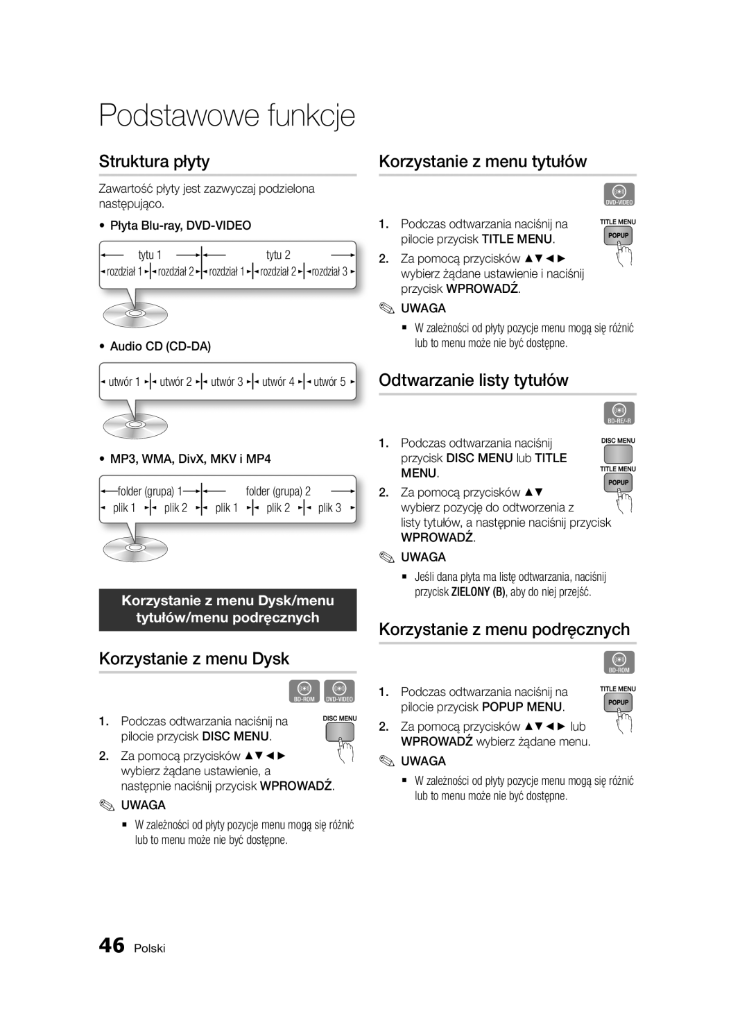 Samsung BD-D7000/XE manual Struktura płyty, Korzystanie z menu Dysk, Korzystanie z menu tytułów, Odtwarzanie listy tytułów 