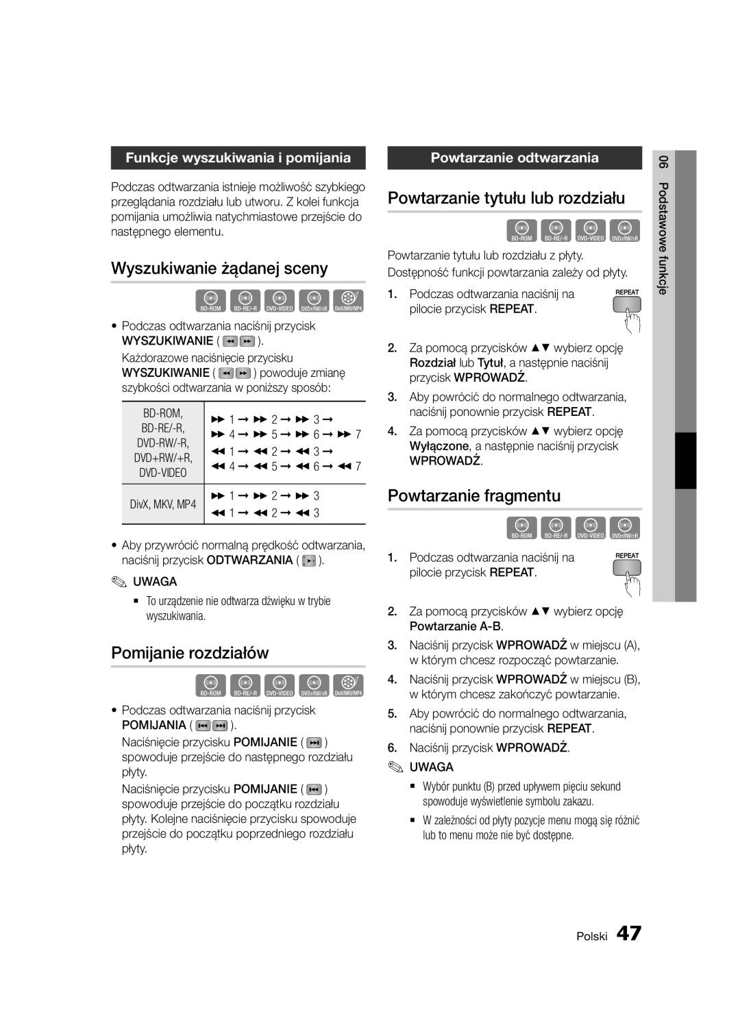 Samsung BD-D7000/XN, BD-D7000/EN manual Wyszukiwanie żądanej sceny, Pomijanie rozdziałów, Powtarzanie tytułu lub rozdziału 