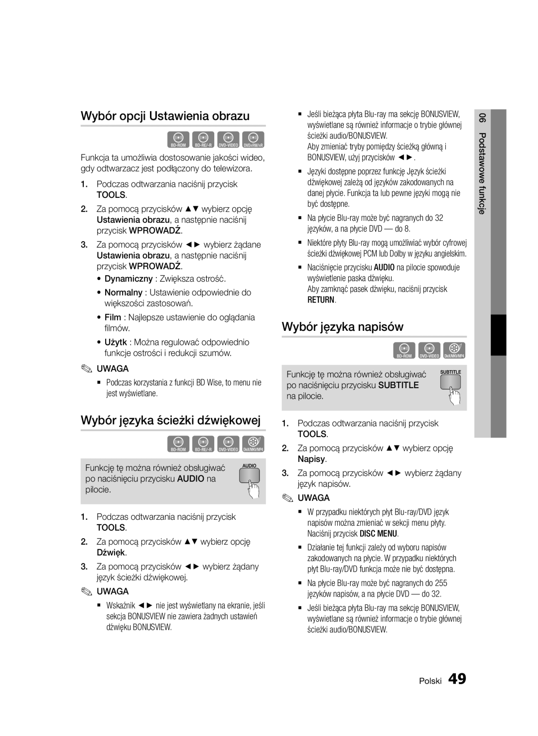 Samsung BD-D7000/ZF manual Wybór opcji Ustawienia obrazu, Wybór języka ścieżki dźwiękowej, Wybór języka napisów, Return 