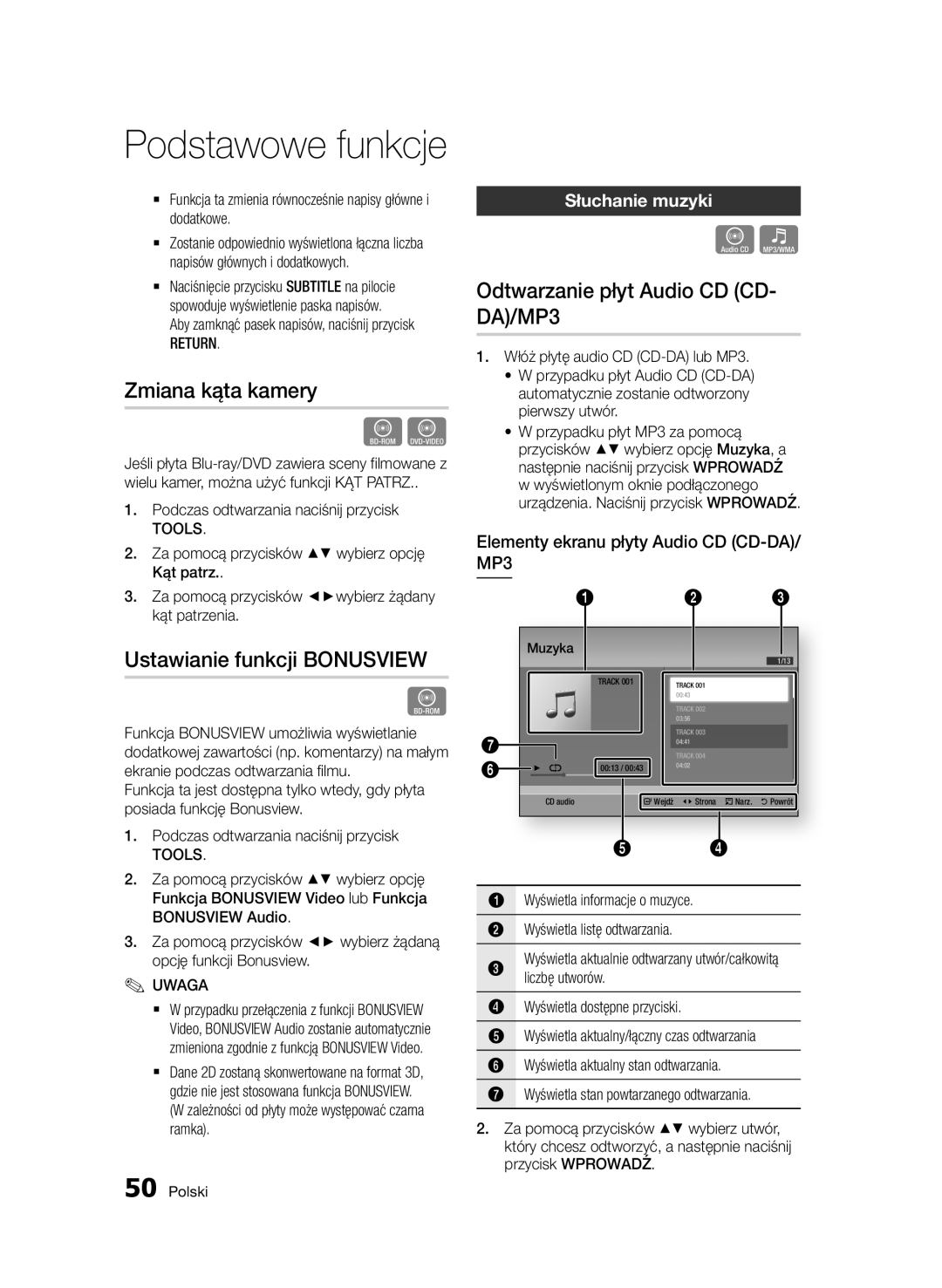 Samsung BD-D7000/XE, BD-D7000/XN Zmiana kąta kamery, Ustawianie funkcji Bonusview, Odtwarzanie płyt Audio CD CD- DA/MP3 