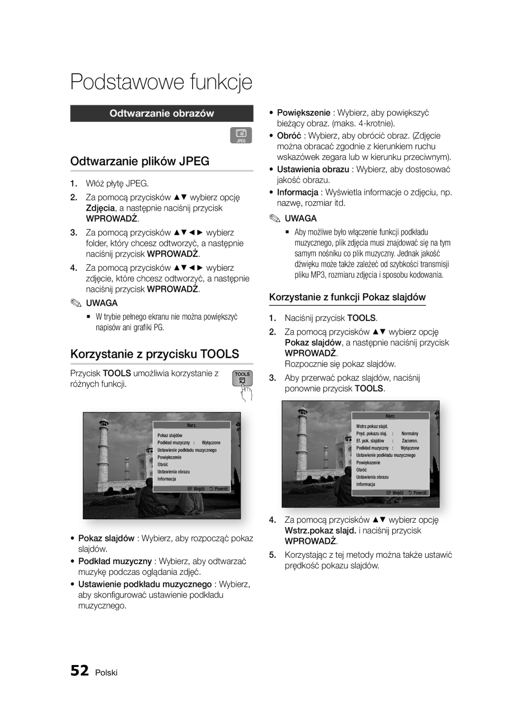 Samsung BD-D7000/EN, BD-D7000/XN, BD-D7000/ZF Odtwarzanie plików Jpeg, Korzystanie z przycisku Tools, Odtwarzanie obrazów 