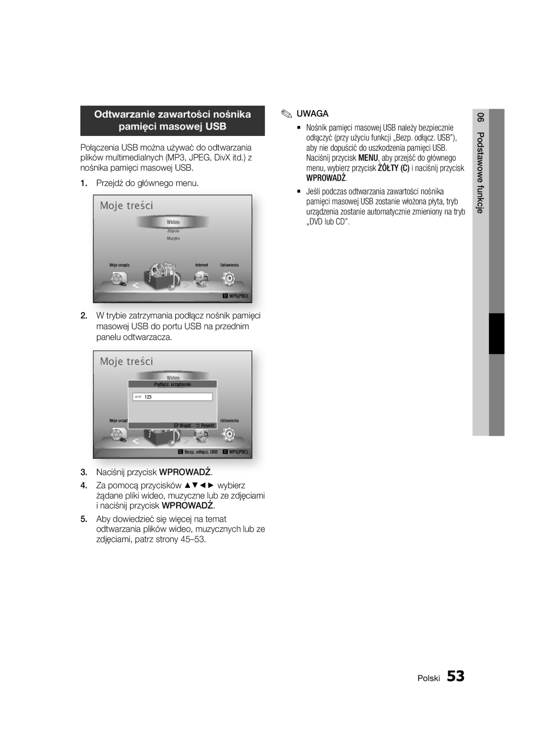 Samsung BD-D7000/ZF, BD-D7000/XN, BD-D7000/EN, BD-D7000/XE manual Odtwarzanie zawartości nośnika Pamięci masowej USB 