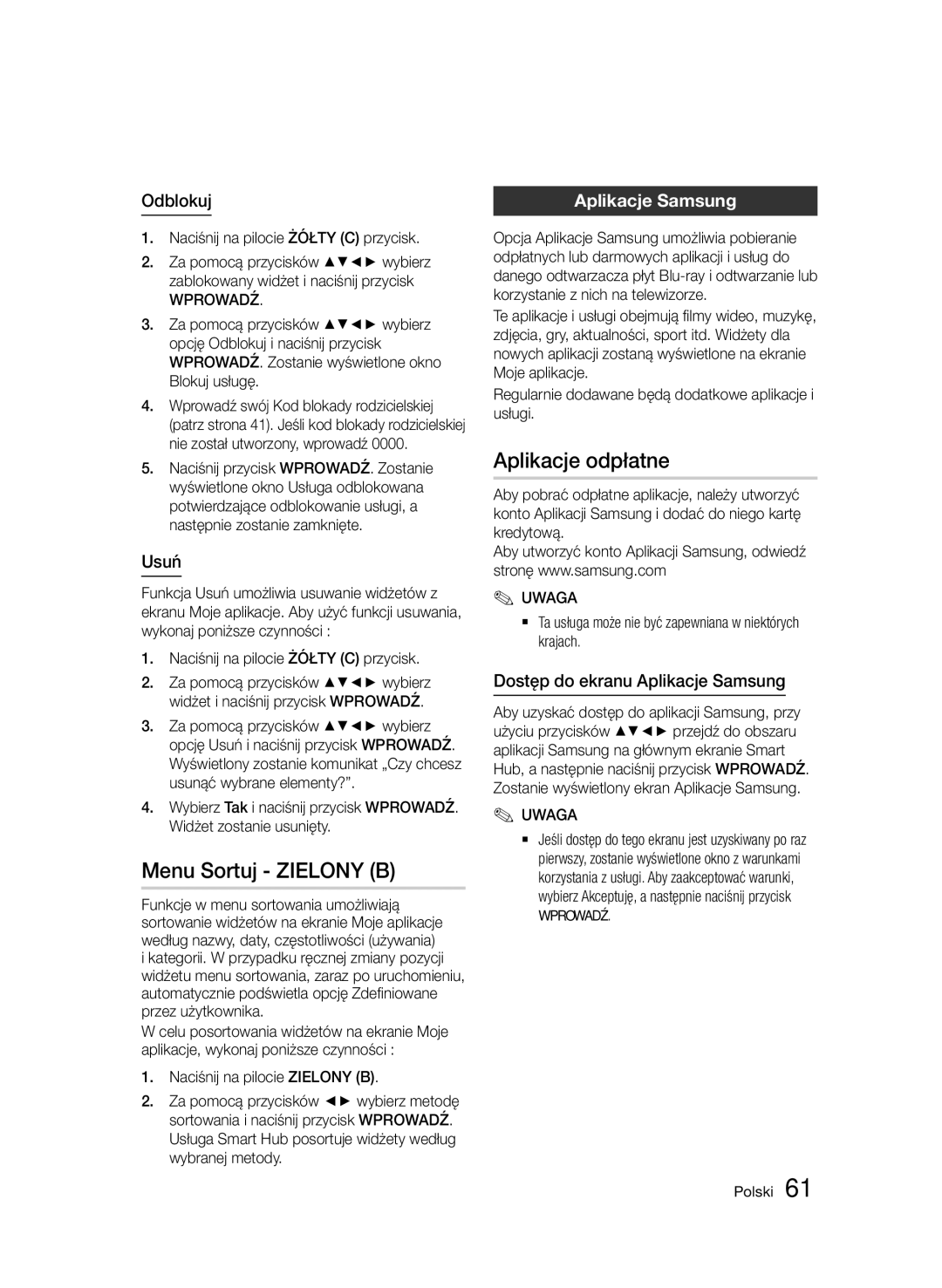 Samsung BD-D7000/ZF, BD-D7000/XN, BD-D7000/EN, BD-D7000/XE manual Menu Sortuj Zielony B, Aplikacje odpłatne, Aplikacje Samsung 