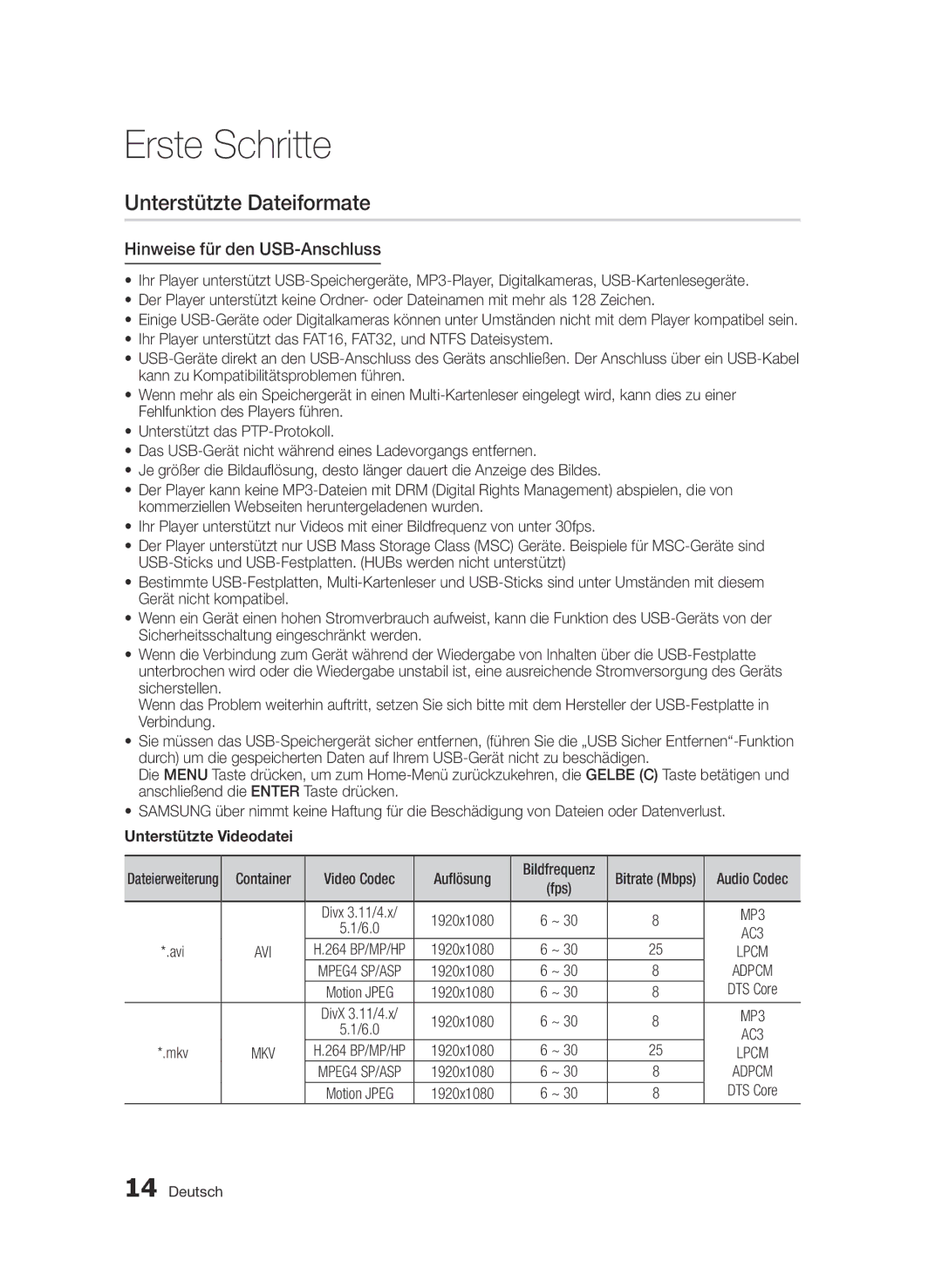 Samsung BD-D7000/ZF, BD-D7000/XN manual Unterstützte Dateiformate, Hinweise für den USB-Anschluss, Unterstützte Videodatei 