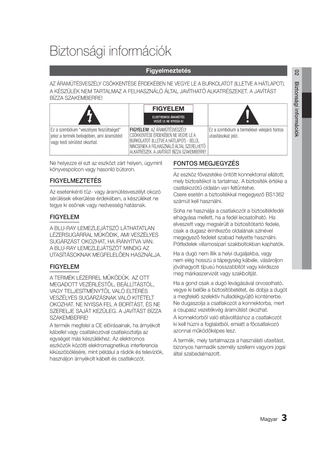 Samsung BD-D7000/XN, BD-D7000/EN, BD-D7000/ZF, BD-D7000/XE manual Biztonsági információk, Figyelmeztetés 