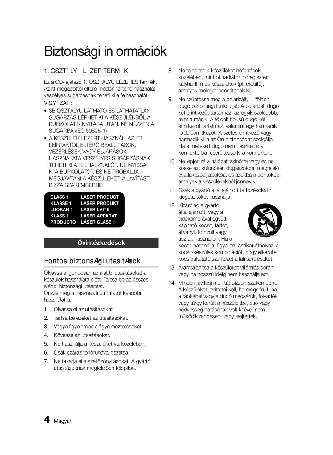 Samsung BD-D7000/EN, BD-D7000/XN, BD-D7000/ZF, BD-D7000/XE manual Fontos biztonsági utasítások, Óvintézkedések, Vigyázat 