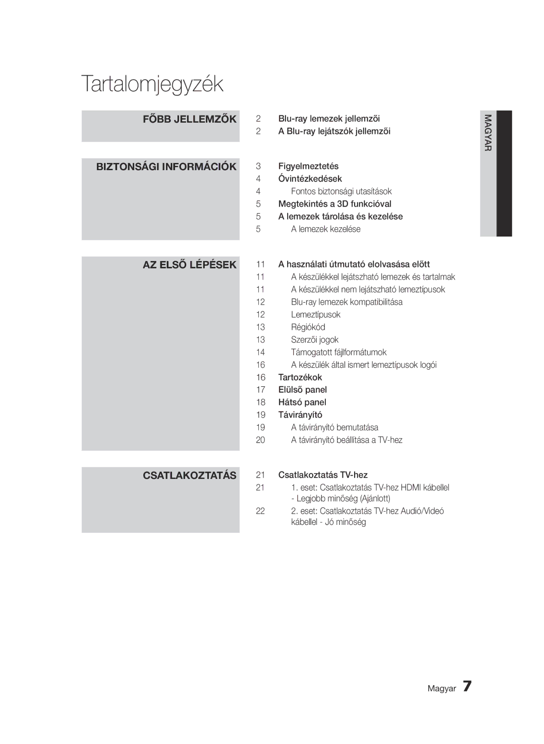 Samsung BD-D7000/XN, BD-D7000/EN, BD-D7000/ZF, BD-D7000/XE manual Tartalomjegyzék 