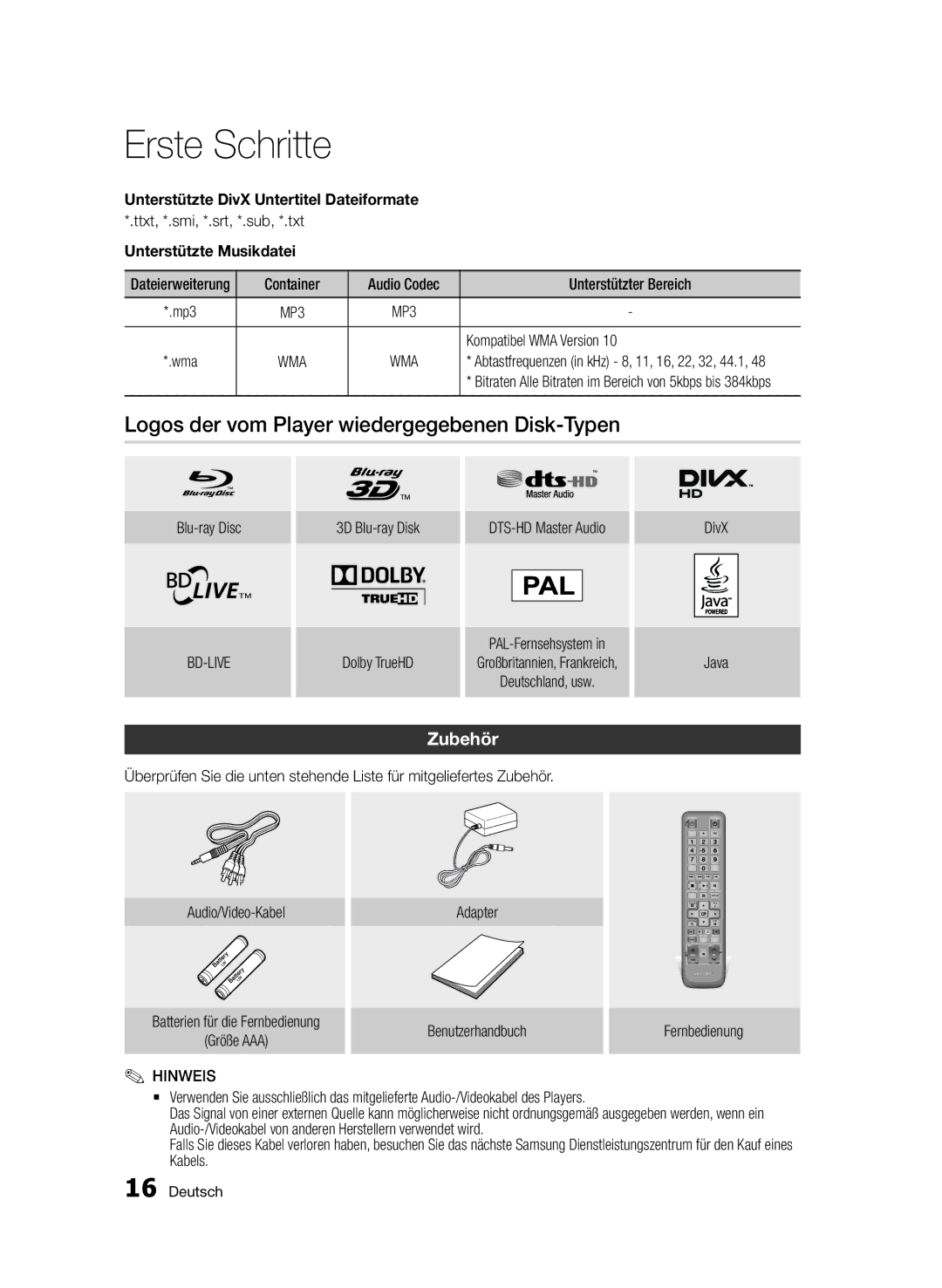 Samsung BD-D7000/XN Logos der vom Player wiedergegebenen Disk-Typen, Zubehör, Unterstützte DivX Untertitel Dateiformate 